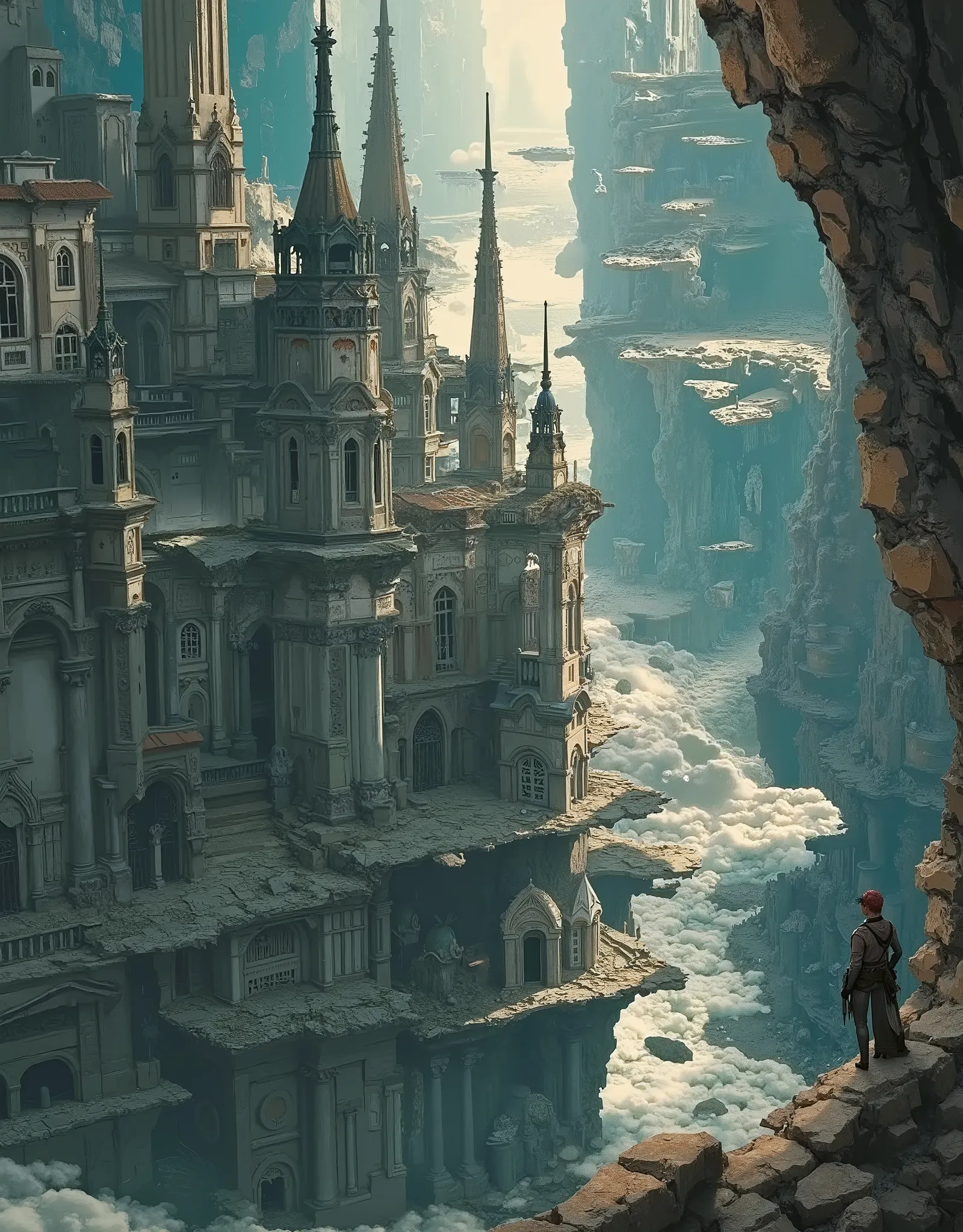 a huge very old ruins of ancient city with Ancient European Architecture is floating In Outer Space, advanced culture and civilization can be seen, many meteorites are drifting around, very beautiful Ancient Architecture landscape photo,very realistic imag...