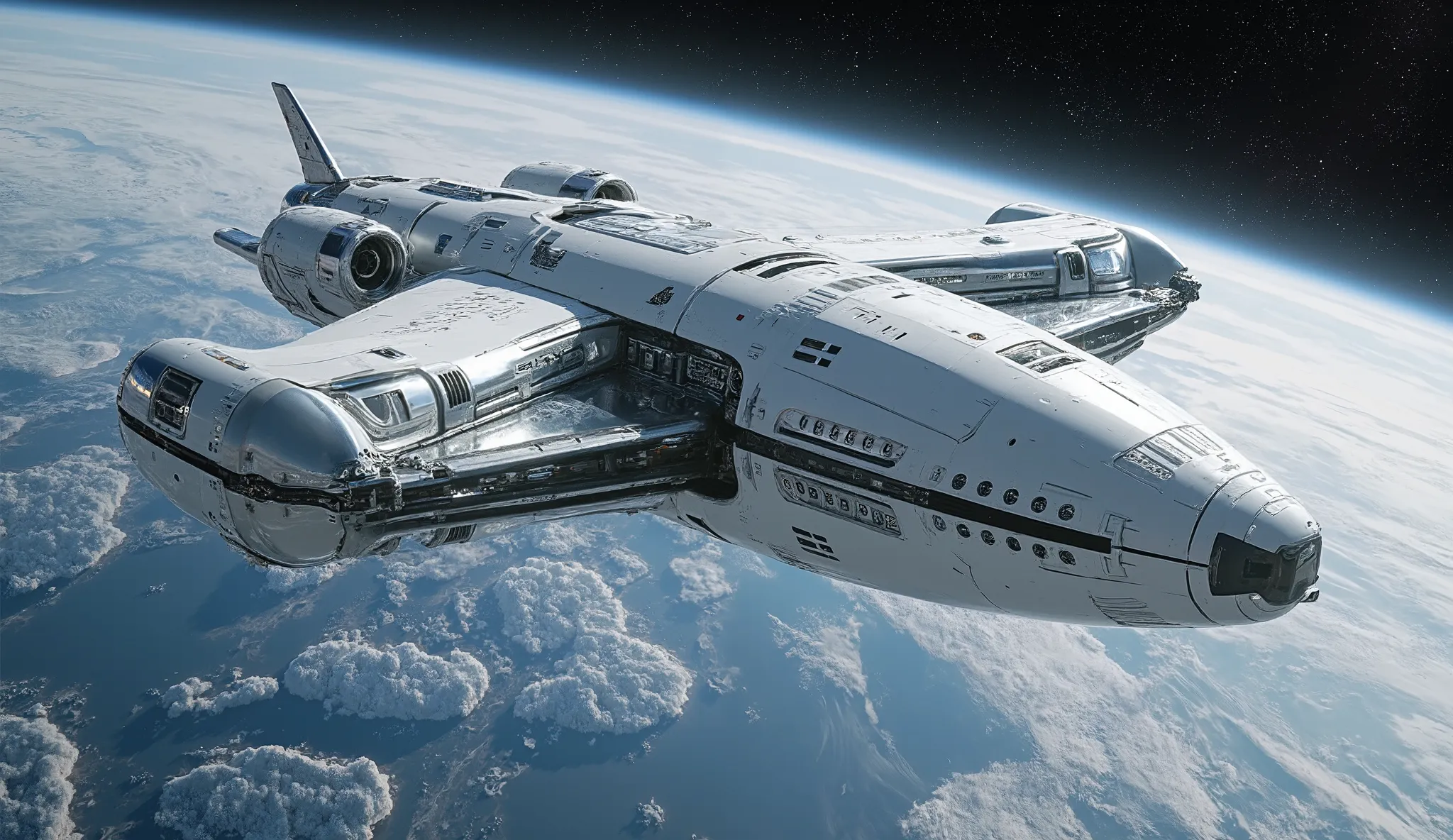 Design an ultra-realistic, highly detailed 8K render of a robotic white space station orbiting a helid planet. The station should feature a sleek, futuristic design with thousands of tiny windows, metallic surfaces, and intricate mechanical details. Emphas...