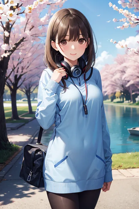   1 girl wearing a long-sleeved sweater to hide her uniform  .   she also wears black tights 、 wears headphones around her neck . mostly,    and her bangs partially cover her eyes  , small breasts,  ,   ,   in a park under a cherry tree near the lake  
、 ， ,   ， 
、、
, ,( masterpiece, best quality, high resolution, ultra high resolution, pixel perfect, depth of field, 4K, RTTX10.0),
、Anegasaki Nene, shiny brown hair, beautiful brown eyes, smiling face, sparkling pupils, (fine grain), , highly detailed face,, (masterpiece:1.2, best quality), ((only1 girl)), ((cowboy shot))