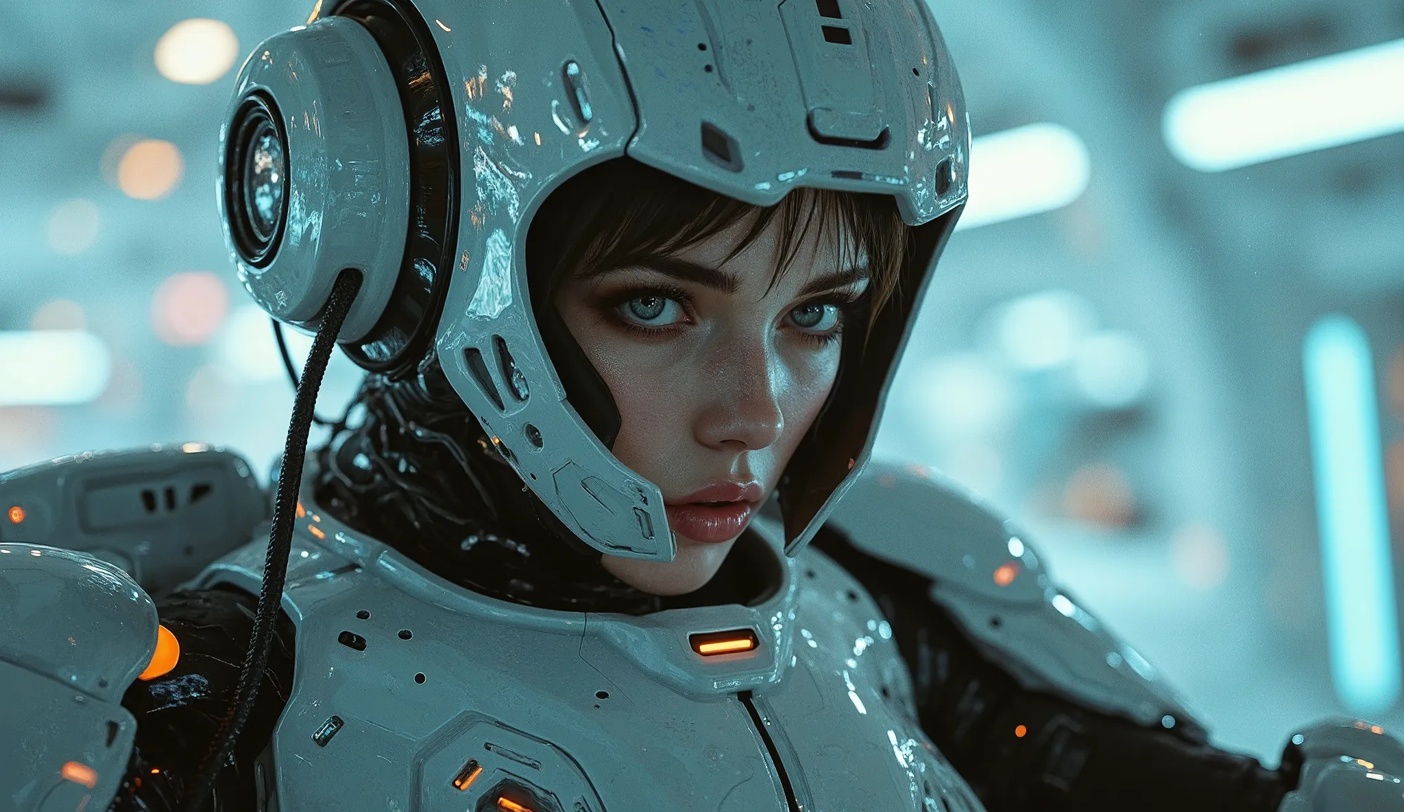 super cool retro fashion magazine cover,girl sitting in the cockpit of a fighter mech in the arctic planet , otherworldly face ,sexy,fluorescent liquid catheter linked to her waist and legs,light and shadow changing on her body,full body portrait,movie ali...