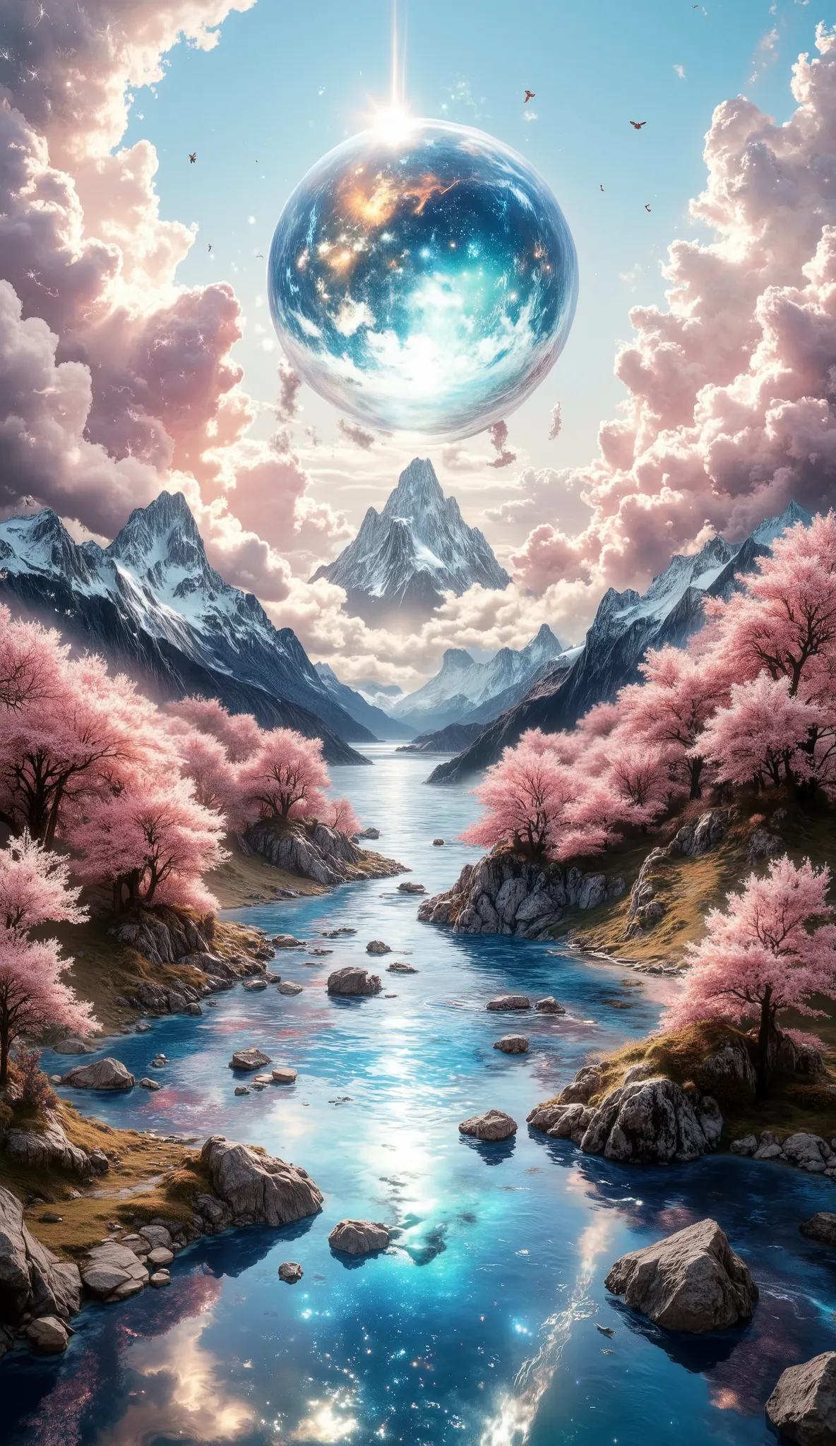 masterpiece, a very beautiful dimensional portal, A large ocean, a large cherry blossom forest, many clouds everywhere, a planet in the sky and stars, un portal dimensional muy detailed, beautiful cherry blossom forest of stunning color, clouds all over th...