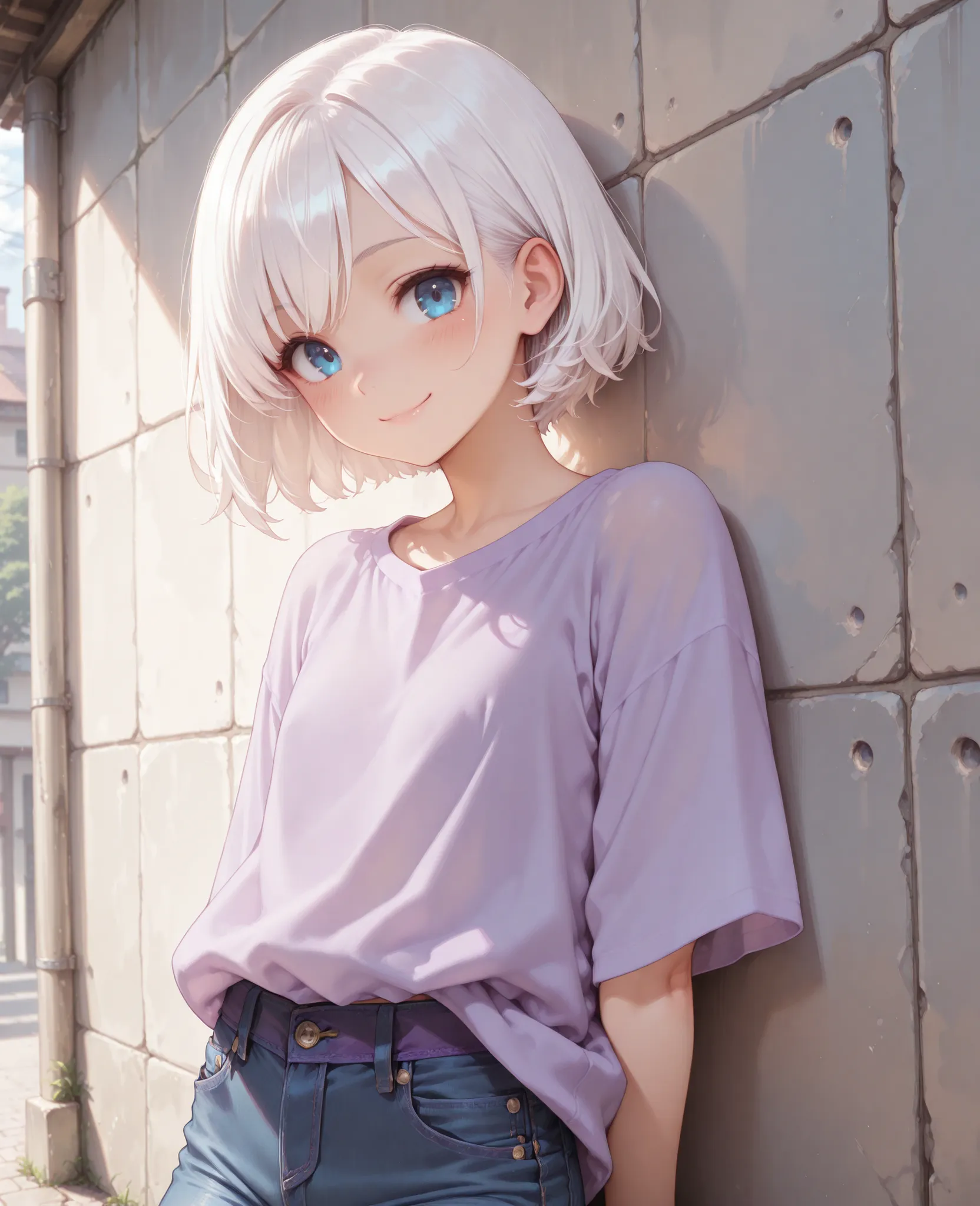 1girl, young woman, beautiful woman, 4K,masterpiece,SFW,girl,blue eyes,white hair,short hair, smiling, light blush, leaning backwards against small wall, loose fit, purple wide shirt, jeans