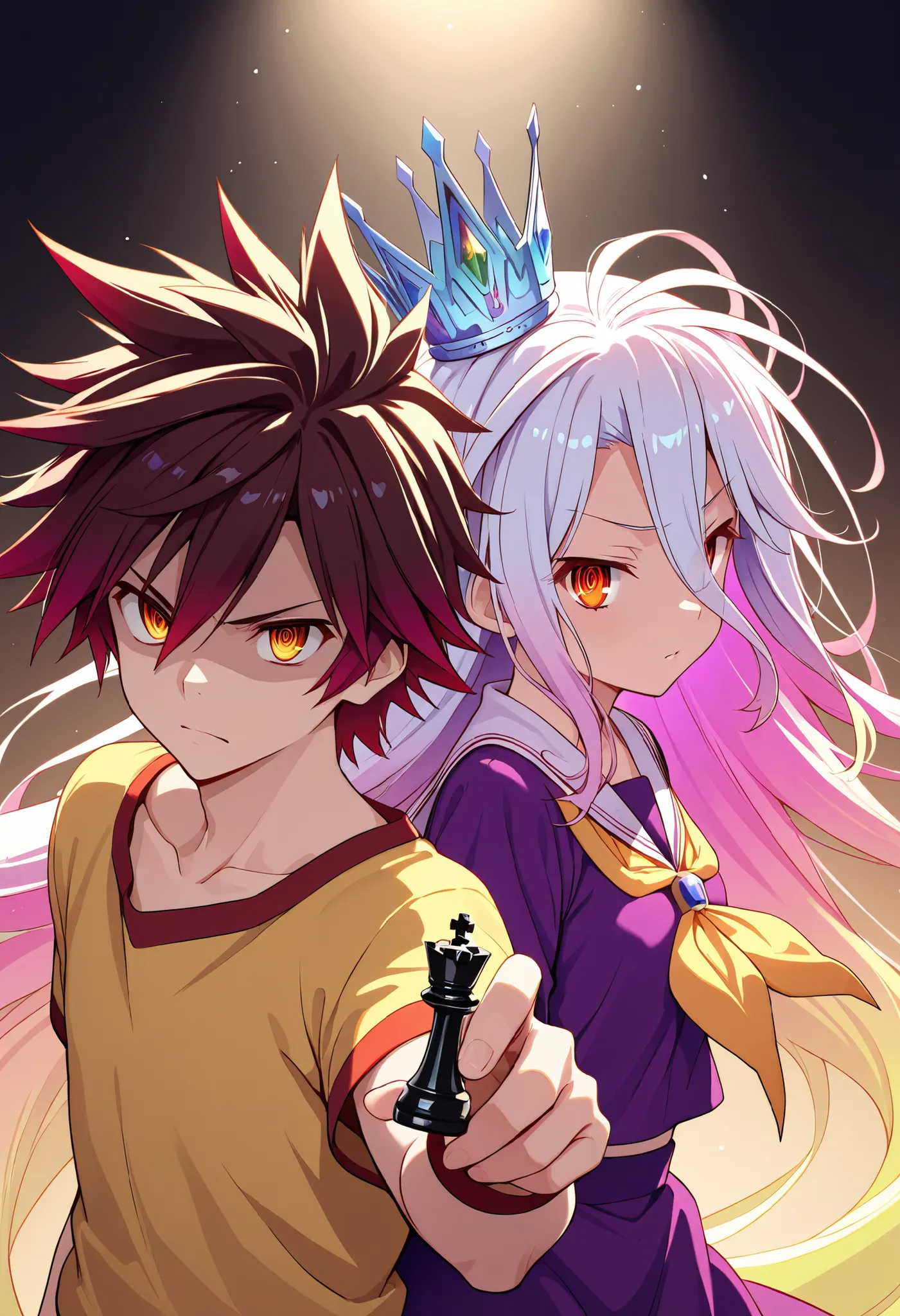 (glowing eyes:0.5), 1girl , shiro\(no game no life\) , crown, two-tone eyes, multicolored eyes, orange eyes, yellow eyes, very long hair between eyes, multicolored hair , two-tone hair, gradient hair, ,pink hair, white hair, messy hair, serious expression,...
