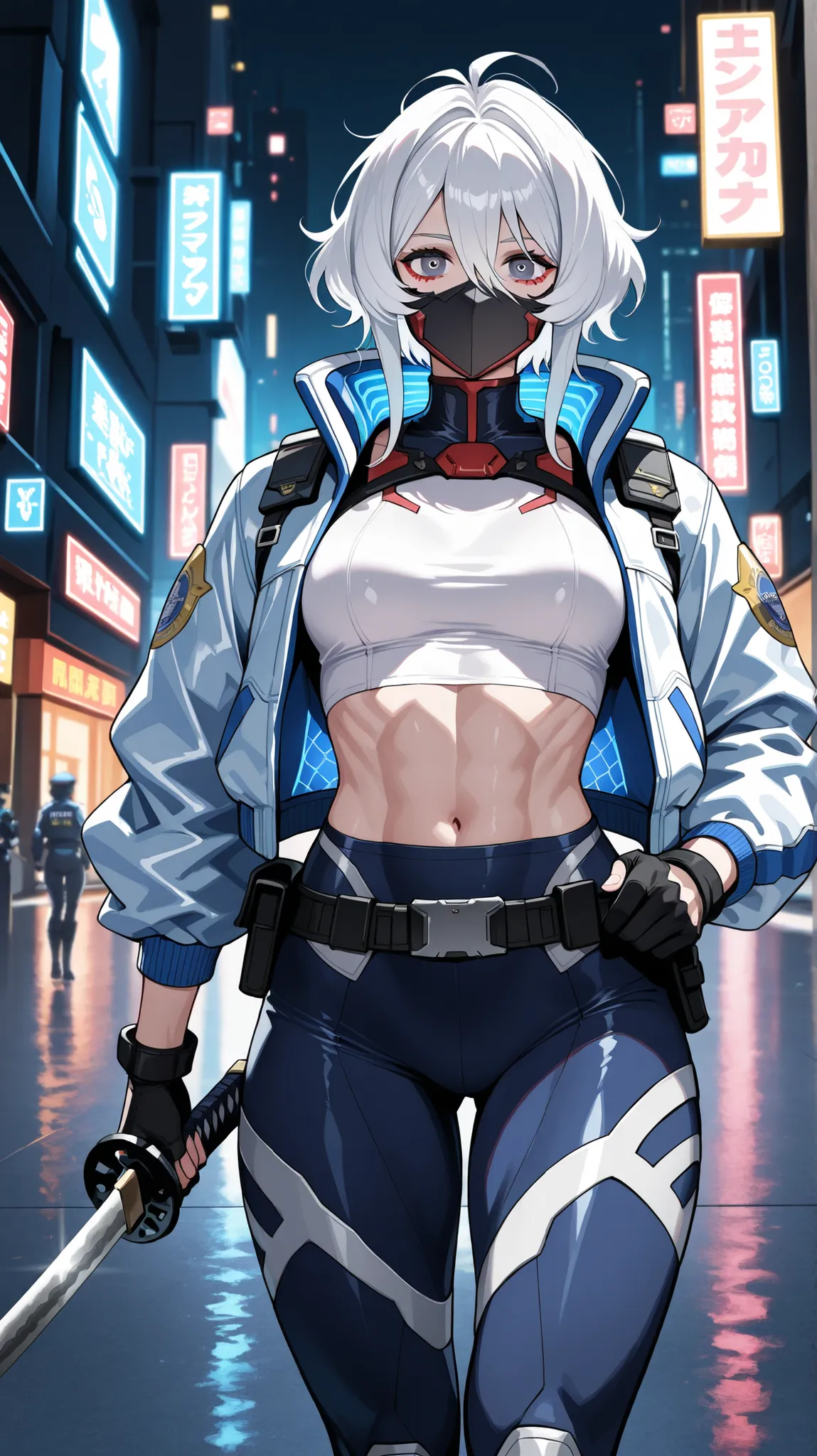 Girl police officer , athletic fitness body , messy white hair, Iris of the eyes red, Wearing a tight white shirt with a futuristic look and a white Cyberpunk jacket, barriga exposta, From the white ninja mask, futuristic ninja accessories , wearing a fu...