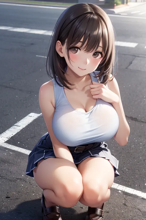 ((masterpiece, Highest Quality, Best Picture Quality, high definition, photorealistic,  RAW photos , 8k)), ((Highly Detailed CG Unified 8K Wallpaper)), (huge and amazing goddess shots at full growth, very hot and sexy, is breathtakingly beautiful, 完璧な比率, beautiful body, The beauty of a slim figure:1.4), woman squatting on the ground with her 顔に手を当てた, neutral pose,  Dramatic Smile Pose ,  cute and elegant ,  A Beautiful Girl Is Bending , short black hair with waist, 顔に手を当てた, Crouching by the side of the road , ((wearing a white tank top and miniskirt)), squat with legs open, (seen from above:1.3), (face close-up:1.4),
、 
、 ， ,   ， 
、、
, ,( masterpiece, best quality, high resolution, ultra high resolution, pixel perfect, depth of field, 4K, RTTX10.0),
、Anegasaki Nene, shiny brown hair, beautiful brown eyes, smiling face, sparkling pupils, (fine grain), , highly detailed face,, (masterpiece:1.2, best quality), ((only1 girl)), ((cowboy shot))