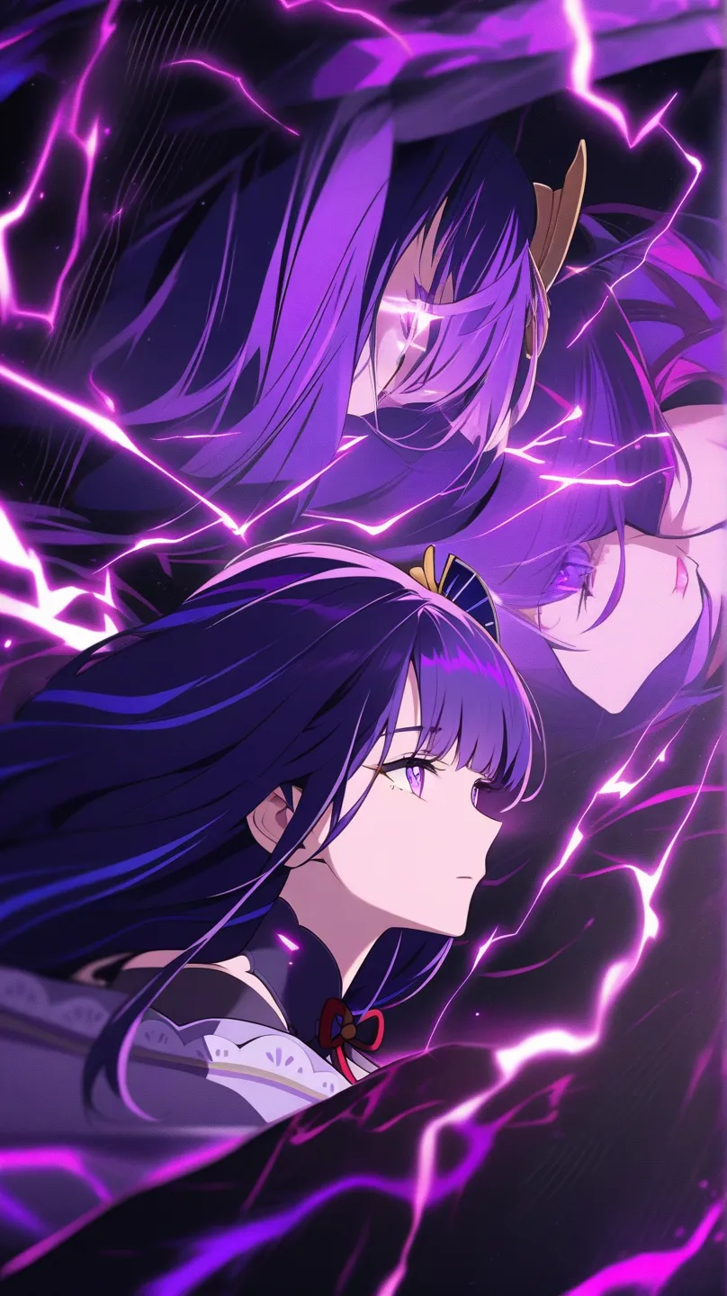 Low angle photo of Raiden Shogun, lightning crackling around her, static in the air, eyes glowing purple