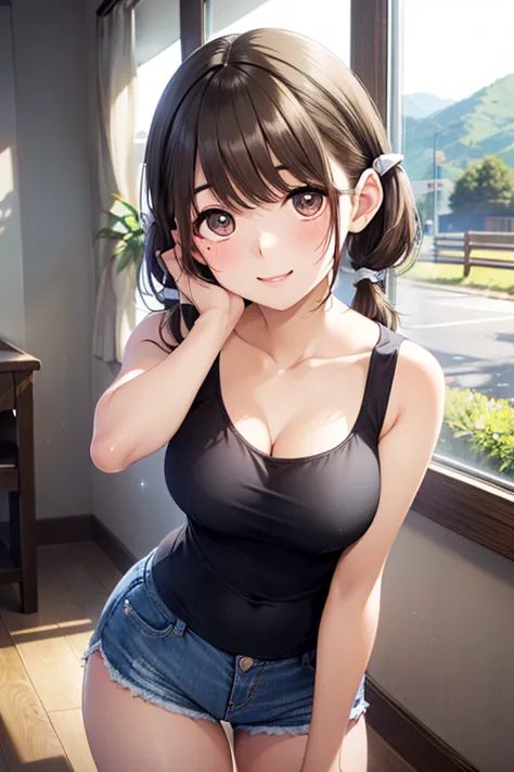 (short hair、twin tails:1.7), brown hair, brown eyes in the bedroom, thick eyebrows， (thin thighs), beautiful hair, beautiful face, Beautiful Details, beautiful collarbone, beautiful breasts,beautiful fingers, ((summer , black tank top:1.1, denim hotpants:1.1, glass, )), ( beautiful scenery ), schools, the wind is blowing, (erotic, sexy, Upward gaze, cute smile), growing skin, perfect face, cute and symmetrical face, natural light, cinema lighting)，drink coffee，
、 
、 ， ,   ， 
、、
, ,( masterpiece, best quality, high resolution, ultra high resolution, pixel perfect, depth of field, 4K, RTTX10.0),
、Anegasaki Nene, shiny brown hair, beautiful brown eyes, smiling face, sparkling pupils, (fine grain), , highly detailed face,, (masterpiece:1.2, best quality), ((only1 girl)), ((cowboy shot))