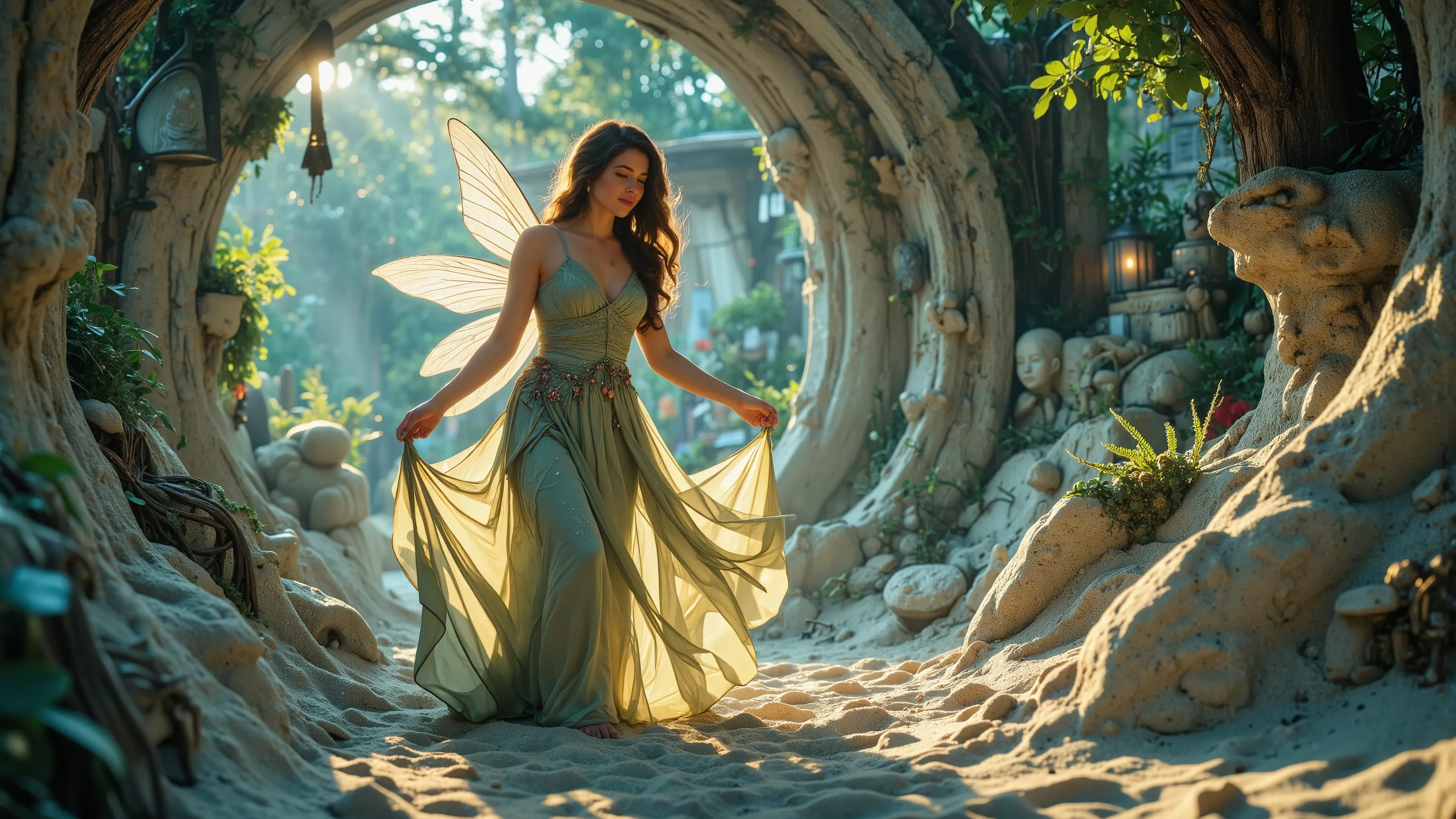 A beautiful mystical fairy in a Kinetic Sand Temporal Flux style, where the passage of time is captured in the fluidity of sculpted sand. Fleeting shapes are illuminated by hints of blue and yellow, with a delicate interplay of light and shadow emphasising...