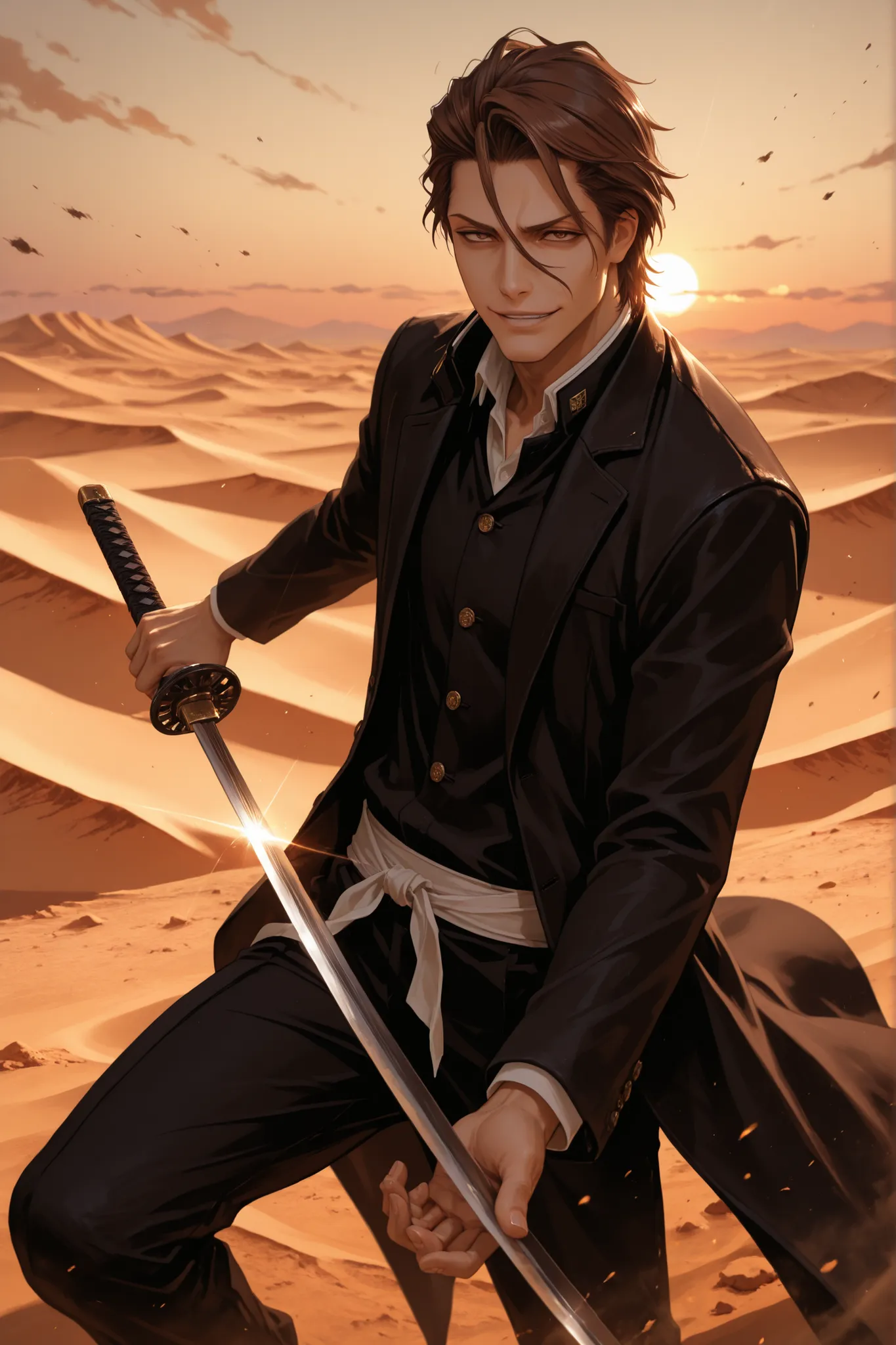 1 boy, Sosuke Aizen, brown hair, brown eyes, short hair, hair between eyes, hair slicked back, outdoors, floating in the air, holding a katana in his right hand, katana, desert, sunset, dynamic pose, evil smile, villain, masterpiece, ultra detailed, very a...