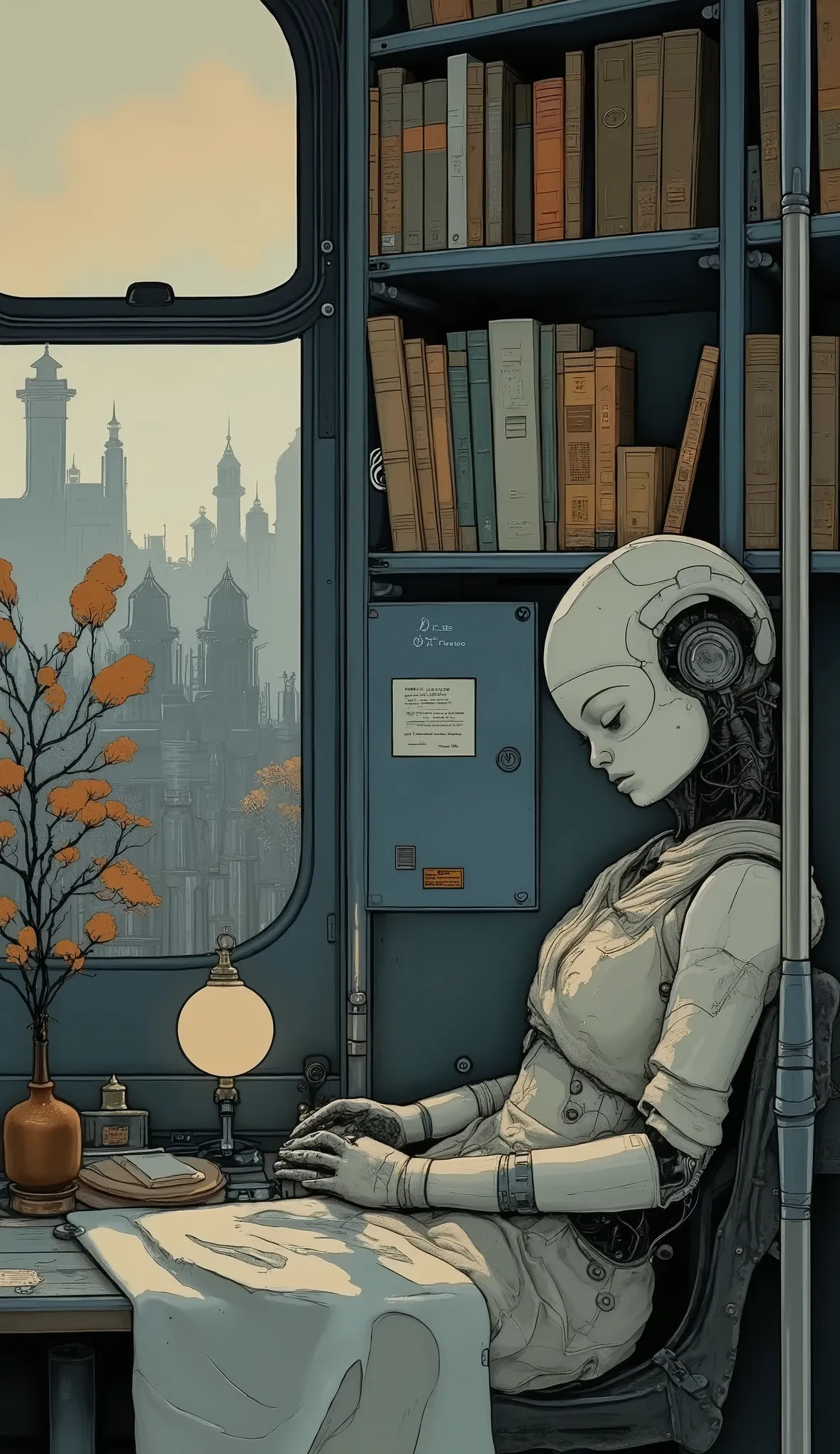8K Ultra HD, Meisterwerk, best quality, extremely realistic, full body view. Roboter. on the subway. robot sits on seats and looks at the floor. Robot trying to sleep. Abend, voller Zug. [[[[deformed limbs, unscharf, low quality, cartoonish , flat colors,...