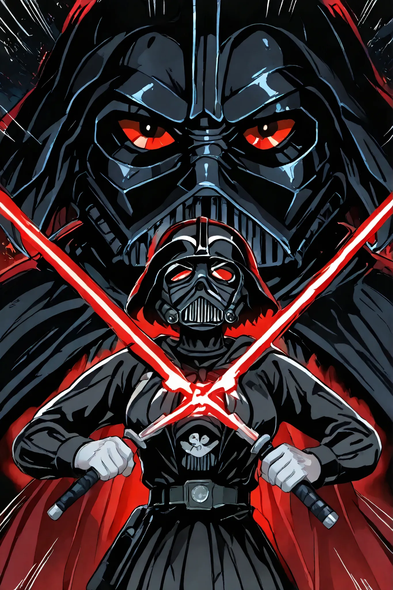 Female version of Darth Vader with the, wielding the red light sabre, corpo feminino, peitos medios, bunda media, corpo definido, corpo magro, maio preto, coxas, barriga, Front view imposes, estilo anime, alta qualidade, 
Just one character, 
helmet An ani...