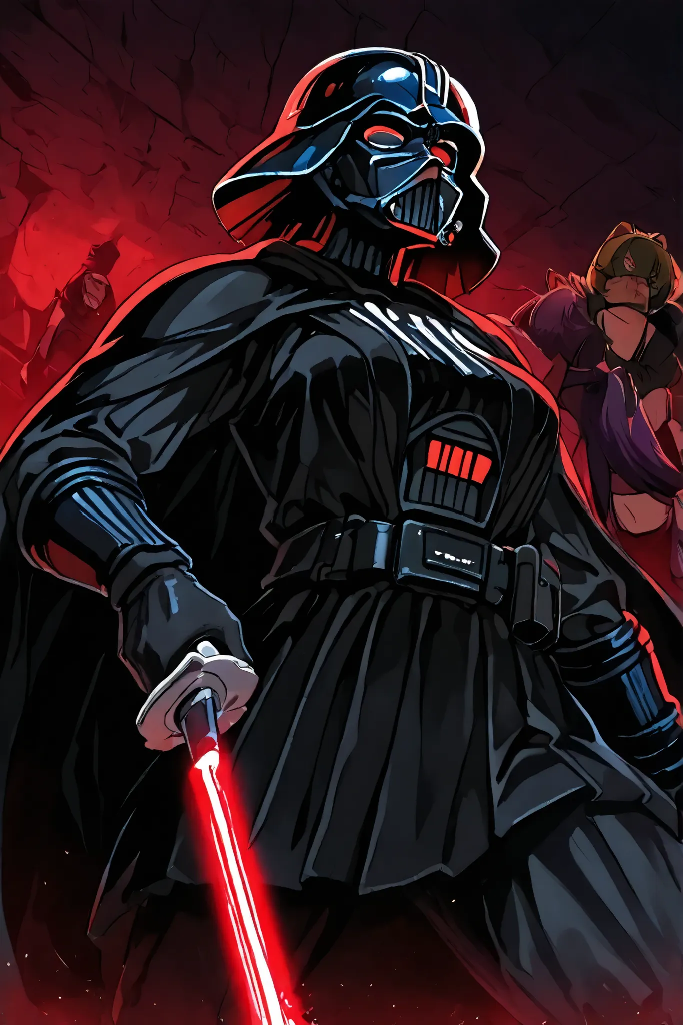 Female version of Darth Vader with the, wielding the red light sabre, corpo feminino, peitos medios, bunda media, corpo definido, corpo magro, maio preto, coxas, barriga, Front view imposes, estilo anime, alta qualidade, 
Just one character, 
helmet An ani...