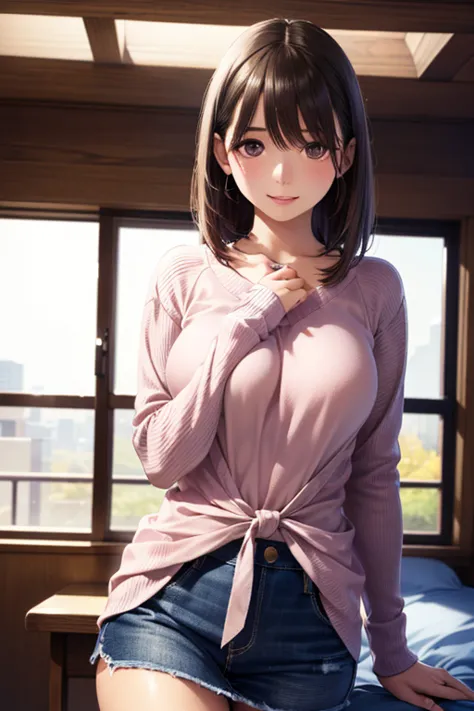 Super Detail, Best Quality, very detailed from below si, beautiful, masterpiece, 1 girl on break day, solo, , 
(masterpiece:1.2, Highest Quality), (realistic, photorealistic:1.4), beautifulイラスト, (natural light, movie lights), depth of field, 2024s, 
Beautiful Detailed Hair, beautiful detailed face, beautiful詳細な目, beautiful鎖骨, beautifulボディ, beautiful胸, beautiful太もも, beautiful脚, beautiful指, shiny skin, 
Watch Viewers, 1 girl on break day, high school girl, (perfect anatomy, anatomically accurate, Super Detailな肌), cute and symmetrical face, perfect face, perfect eye side by side, Tiny, face, round face, 
(long hair, Rose Tail, long side hair, dark brown hair), hair between eyes, brown eyes in the bedroom, droopy eyes, long lashes, (medium chest, Sensual Thighs), slender, great style, 
(detailed fabric texture), in their 40s (Long sleeve light pink sweater ), (denim skirt), ( purple and black striped thigh high), in their 40s, 
(beautiful景色), autumn, afternoon, (street:1.2), walk, (moving pose), (素敵な笑face, Above the eyes, tied her lips), 
、 
、 ， ,   ， 
、、
, ,( masterpiece, best quality, high resolution, ultra high resolution, pixel perfect, depth of field, 4K, RTTX10.0),
、Anegasaki Nene, shiny brown hair, beautiful brown eyes, smiling face, sparkling pupils, (fine grain), , highly detailed face,, (masterpiece:1.2, best quality), ((only1 girl)), ((cowboy shot))