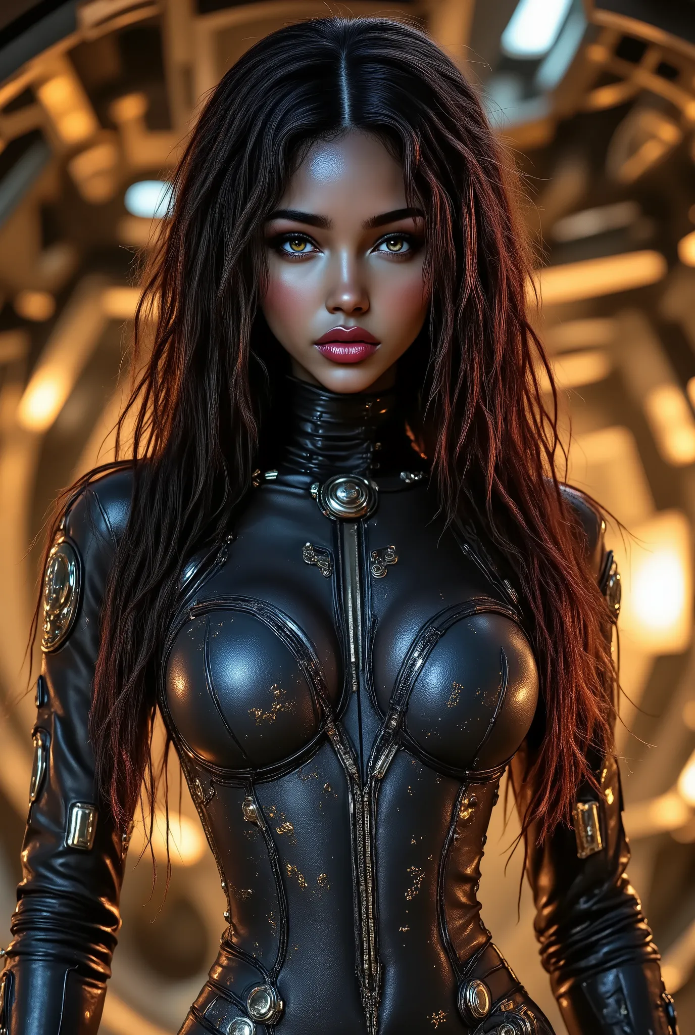 gorgeous woman (natal13m4r5), she's a men magazine model, fighting for her life in the far future, spaceships, mech armor, techno armor, scifi fantasy, (in sunset light:1.2), perfect eyes, perfect hands, perfect body, perfect hair, hair behind ear, UHD, re...
