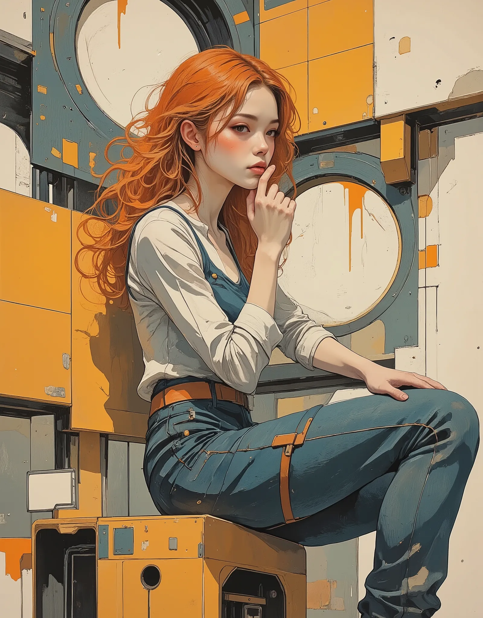 Beautiful young woman, against the background of beautiful surrealist architecture, thoughtful look, expressive facial expressions,beautiful anatomically correct hands, finely stylized hair, proportional body, interesting dynamic pose, complex composition,...