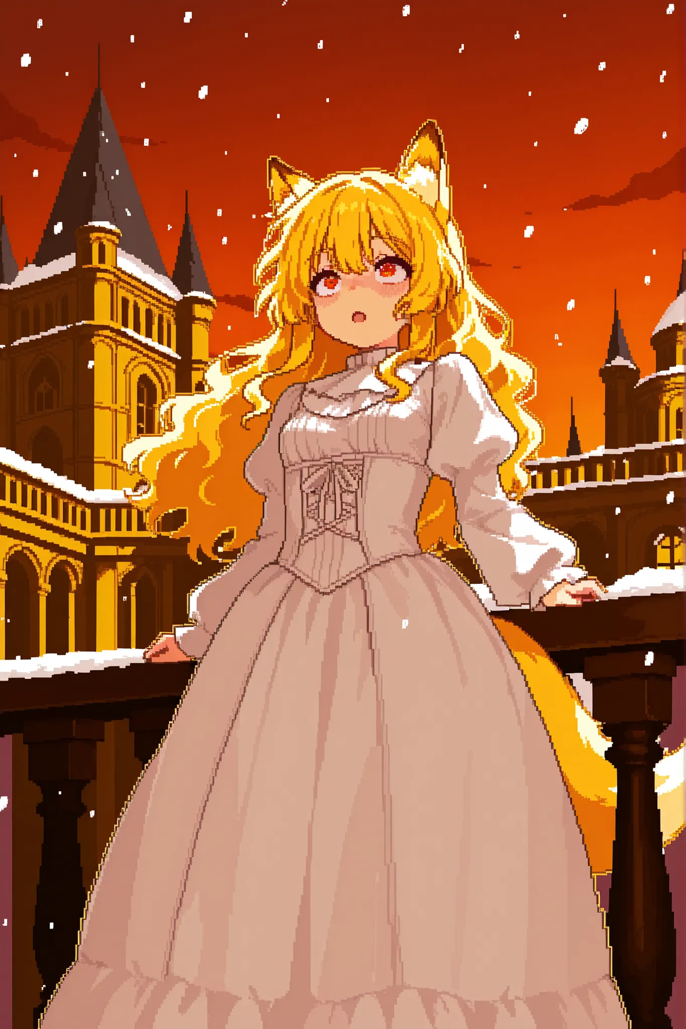 score_9, score_8_up, score_7_up, source_anime, 1girl, solo, pixel art, hoopdress BREAK 

Kemonomimi, fox ears, blonde hair, long hair, wavy hair, red eyes BREAK small breasts, fox tail, yellow tail BREAK 

Victorian_dress, white dress BREAK 

Looking up, c...
