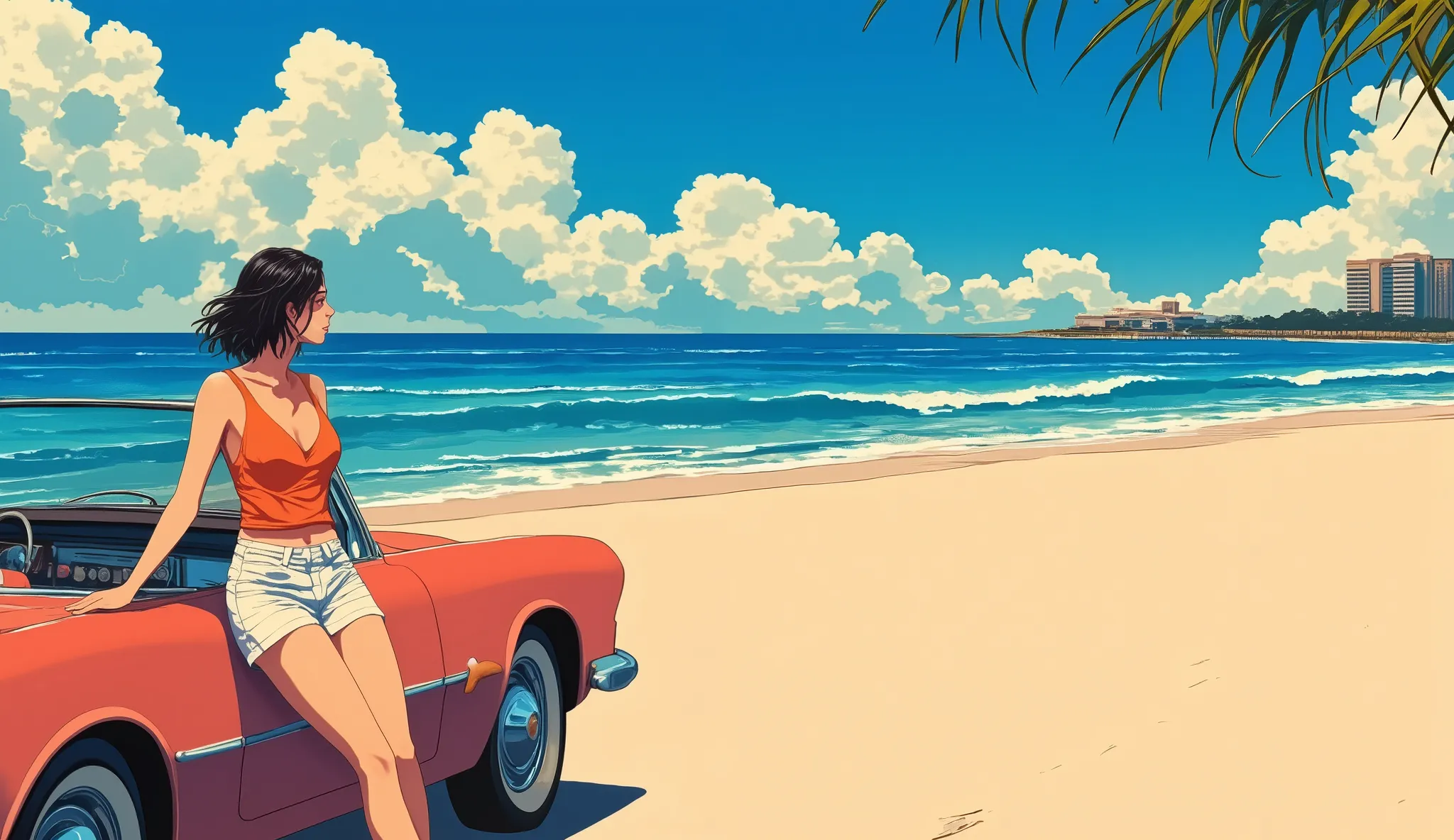 A woman leaning on a car is staring at the ocean、Sandy beaches and blue waters 、 opening 
