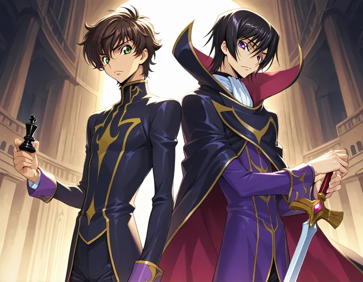 2boys ((BREAK))  lelouch vi britannia\(code geass\), adult, skinny, black hair, purple eyes, short hair, holding a sword, ((BREAK))  kururugi suzaku\(code geass\), adult, skinny, short hair, brown hair, green eyes, cape, holding chess piece, king(chess)  (...