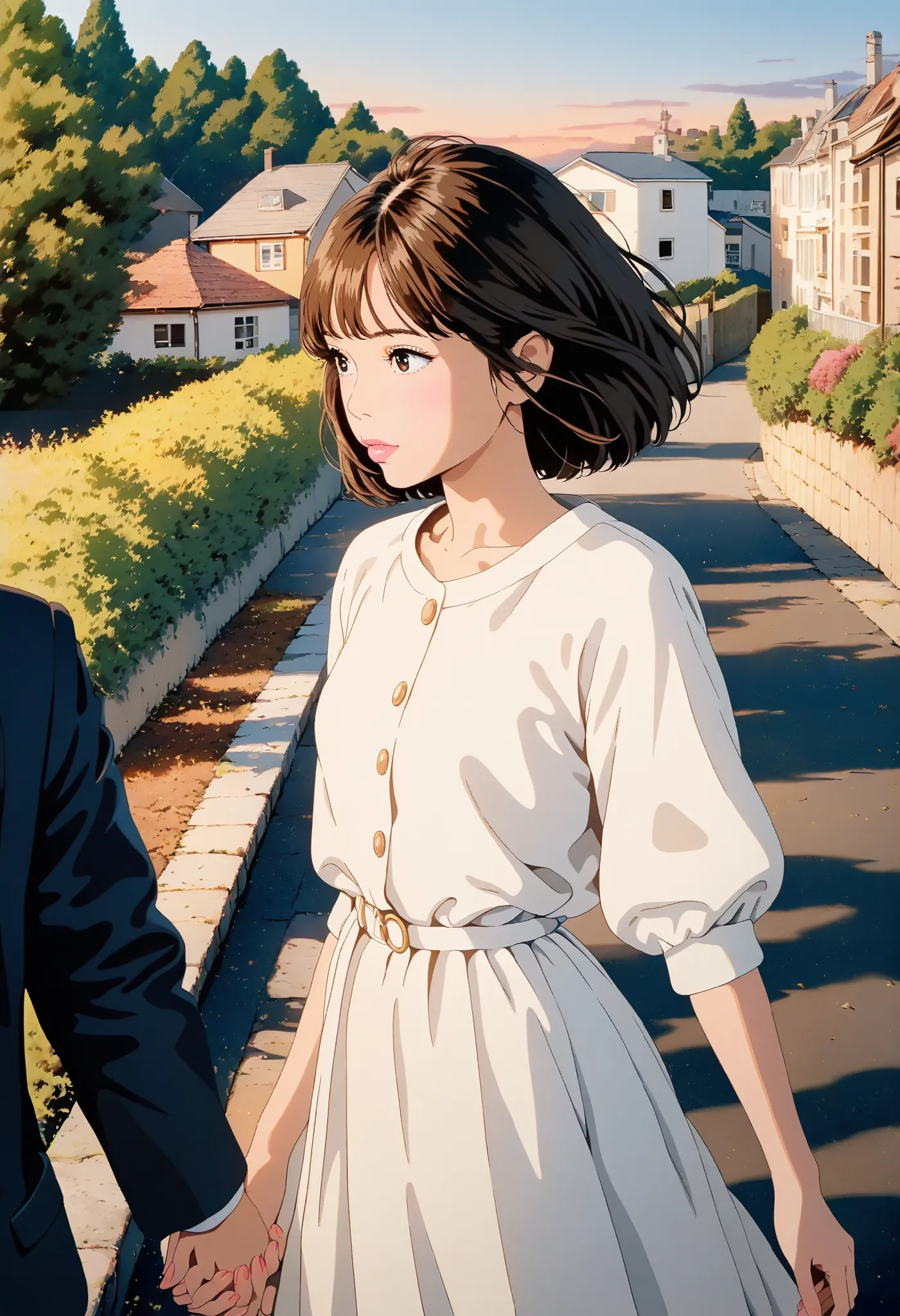 masterpiece, best quality, ultra high resolution, photorealistic, 8K UHD, hyper detailed, depth of field, solo, 1 girl, brown hair, short loose hair, pink lips, long dress with pastel colors, holding hands with a man, short dark hair, casual formal wear, b...