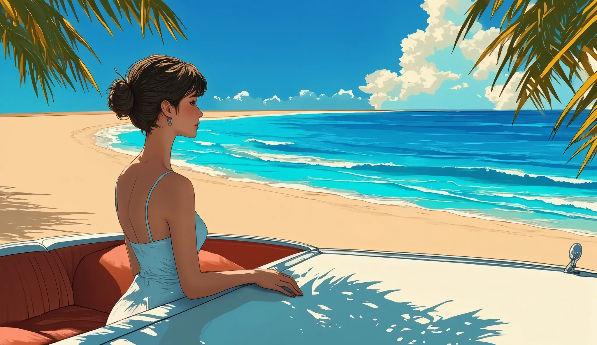 A woman leaning on a car is staring at the ocean、Sandy beaches and blue waters 、 opening 