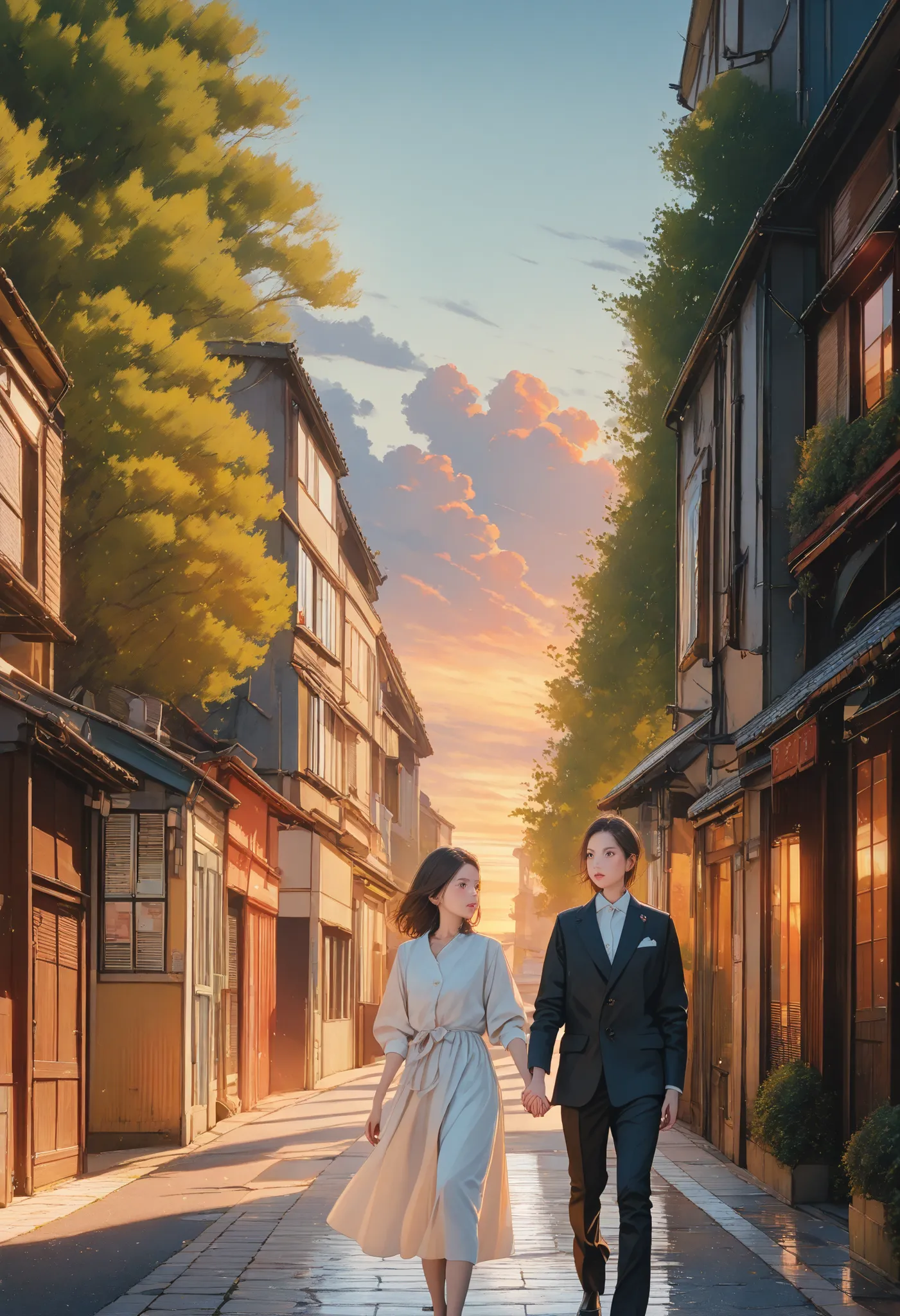 masterpiece, best quality, ultra high resolution, photorealistic, 8K UHD, hyper detailed, depth of field, solo, 1 girl, brown hair, short loose hair, pink lips, long dress with pastel colors, holding hands with a man, short dark hair, casual formal wear, b...