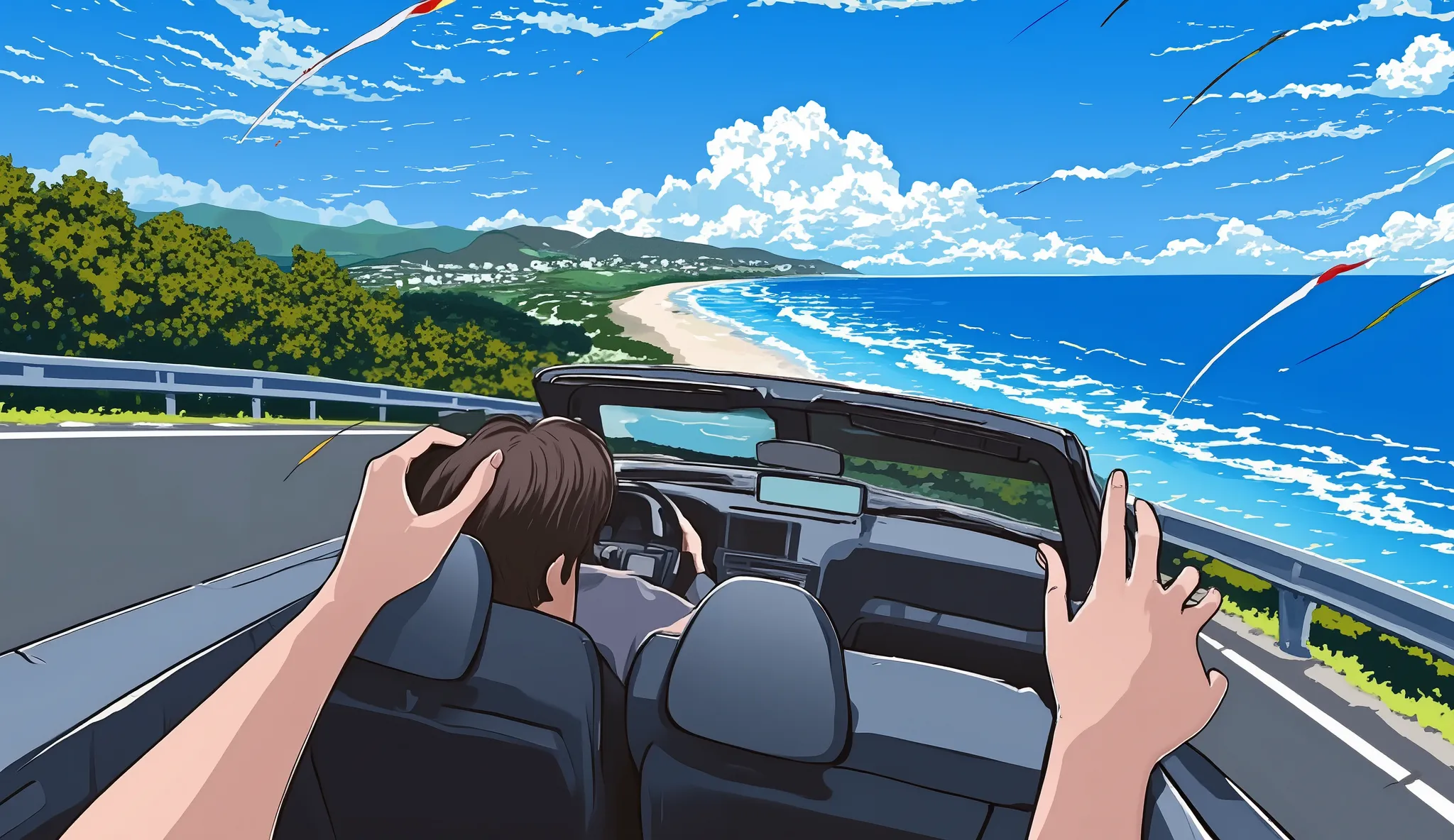 convertible car on a coastal road、　angle from behind、　Man driving a、　tree々、　blue sea、　Blue sky with clouds