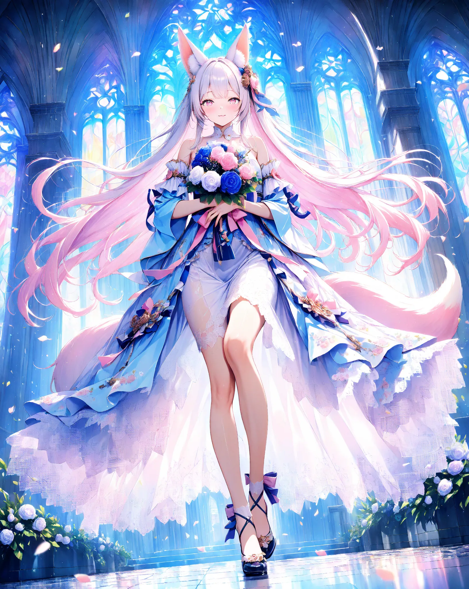 quality: masterpiece, ultra-detailed, ultra-quality, super-resolution, detailed-background,Photorealistic,
theme: from front,(Demon Fox):1.5, Walk,detailed-skin-texture:1.3, (full-face blush):1.2,(seductive smile):1.4,vivid eyes like being sucked in, look at viewer, delicate and moisturized lips , (shiny platinum-colored hair with detailed depictions one by one):1.2, Smooth silky texture, flowing like it flutters in the wind, Natural shadows and highlights, (Realistic fox ears):1.2, (Bushy Fox Tail):1.2, (Fox's Tail Peeking Out of a Kimono):1.2, Natural and graceful hand pose:1.3, hand based on realistic human body structure:1.3, transparent fingertips that feel like they are being sucked in:1.2, Clearly defined joints:1.2,Detailed expression of the fingers:1.2,Smooth and curvaceous body lines, Graceful knee lines, Natural and beautiful leg lines, Delicate body contours, (holds a velvet-textured rose bouquet with both hands):1.6,(Bouquet with a mix of large pastel pink、lavender、light blue、and white roses):1.5,soft green foliage,tied with a pastel pink ribbon,
costume: (Rococo dress):1.5,(pastel pink and blue silk gown):1.6,wide pannier skirt:1.4,fitted bodice:1.3,elbow-length sleeves with lace frills:1.3,lots of ruffles, ribbons, and bows:1.4,intricate lace trim and floral embroidery:1.3,realistic-fabric, intricate-details, detailed-folds,period appropriate shoes:1.1,
background: Italian church interior, large stained glass windows, soft light filtering through colorful glass, creating patterns on the floor, detailed architecture, high ceilings, dramatic angle, pastel colors, cinematic lighting,
Style: pastel style, detailed anime style, cinematic lighting, volumetric lighting, ray tracing, depth of field, dramatic angle,