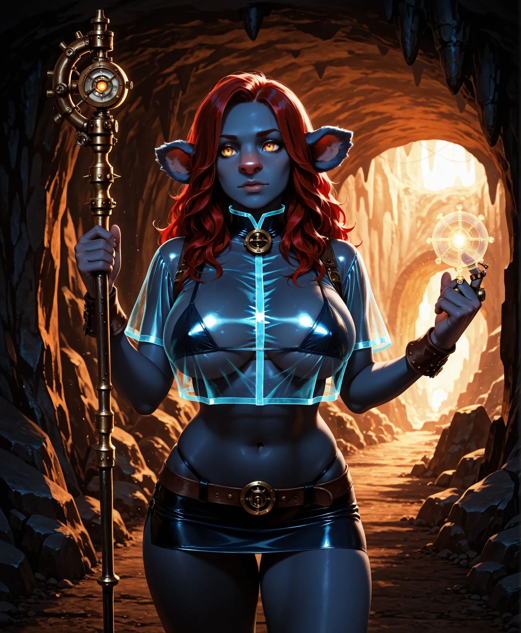  Firbolg,solo, dnd race,dark blue leather, red hair, long hair, Firbolg, fluffy, big nose, animal ears, yellow eyes,  dark blue fur, animal ears,Firbolg, dark blue skin, standing, perfect eyes, very large breasts, massive breasts,  navel, steampunk,  trans...