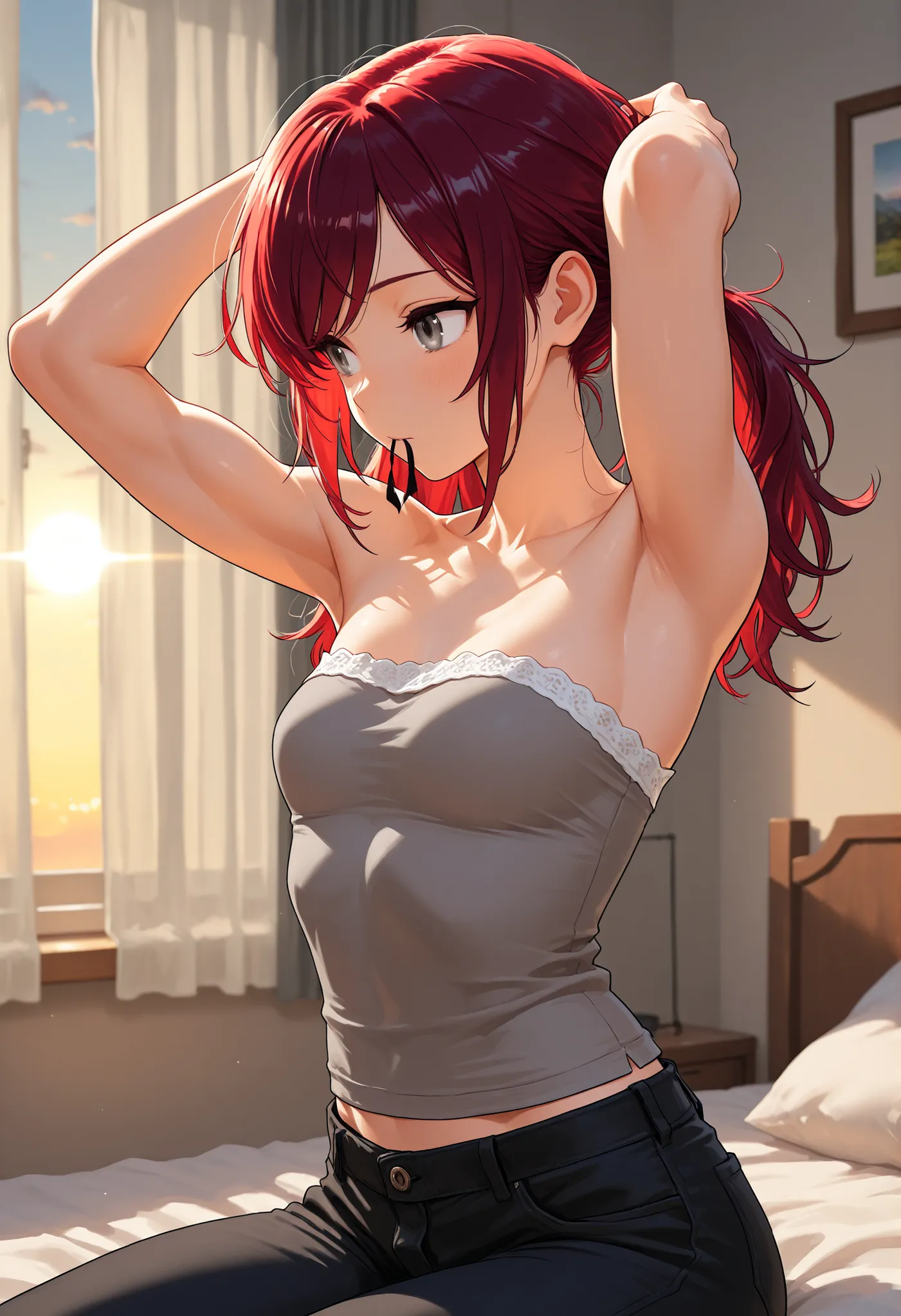 (masterpiece:1.2, Best Quality), (finely detailed beautiful eye: 1.2), (beautiful detailed face),1girl, stoic, looking to the side, beautiful face, Gray eyes, Dark red hair, swept bangs, long hair, strapless sleeveless shirt, gray shirt, shirt with white t...