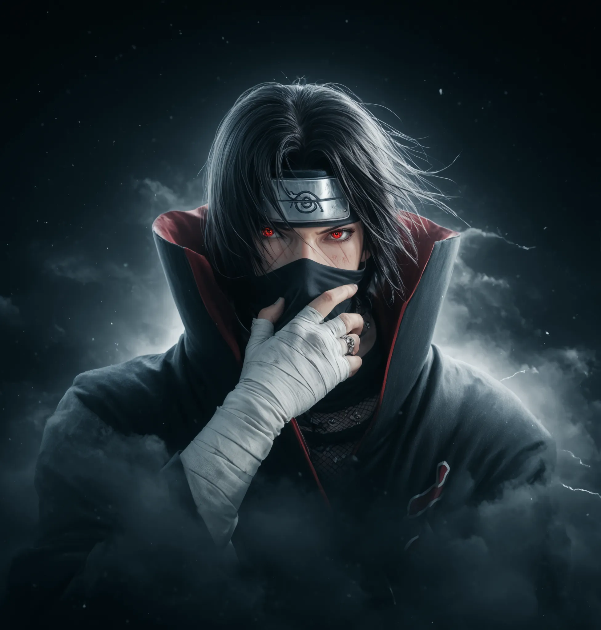(masterpiece, perfect anatomy, maximum details of perfect quality, ultra hyperrealistic photo, best 8k quality) character: young man, itachi uchiha, from akatsuki, tall, thin and strong body, long black hair, arms open expanded with fingers and black glove...