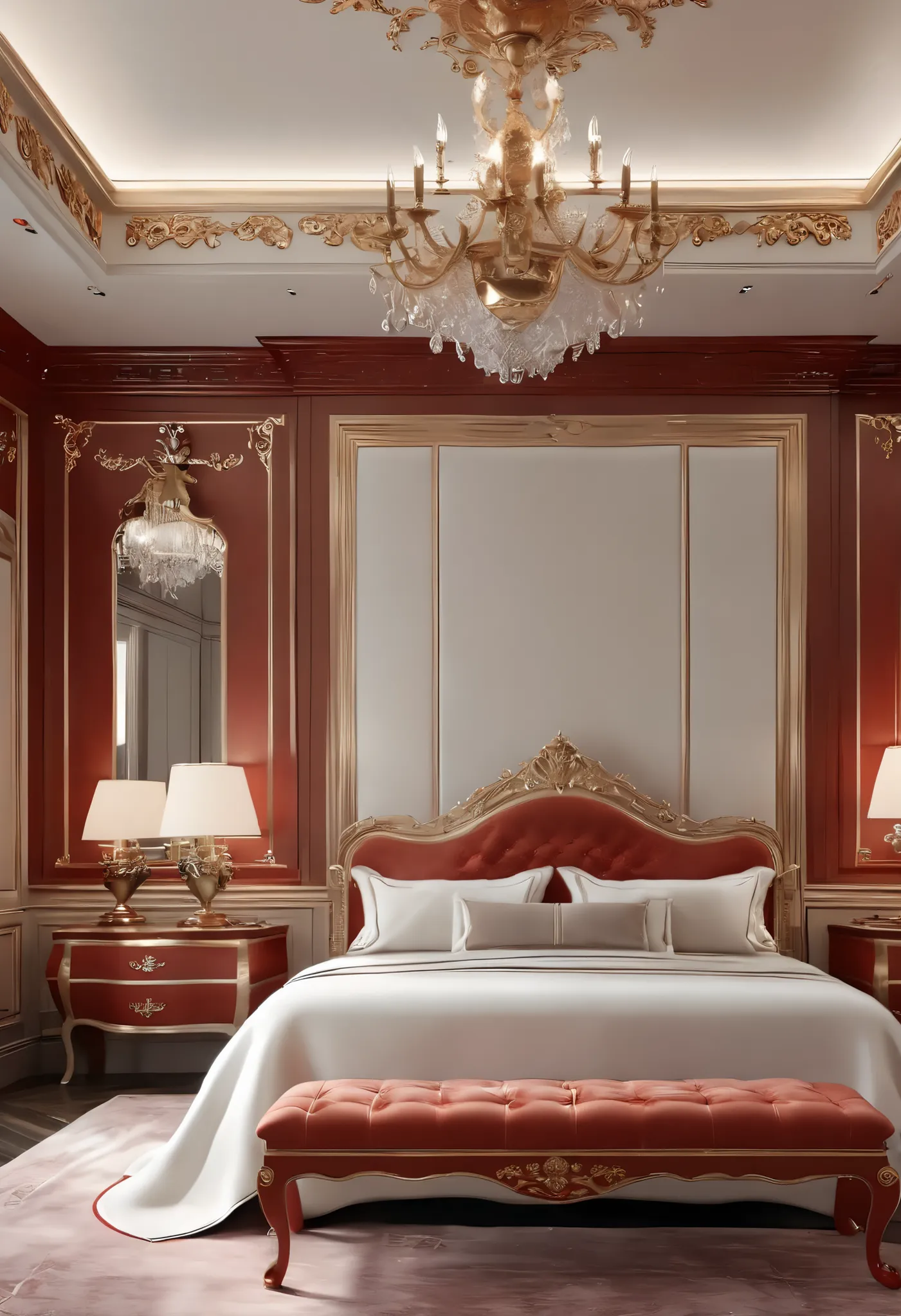 (professional 3d rendering:1.5), world's best artwork, ((full interior for luxury royal bedroom, light red tones)), unified rendering best 8k, very good light, extremely detailed, brilliant, photo-realistic, Realistic, Sharp focus, 8K , (Very detailed: 1.1...