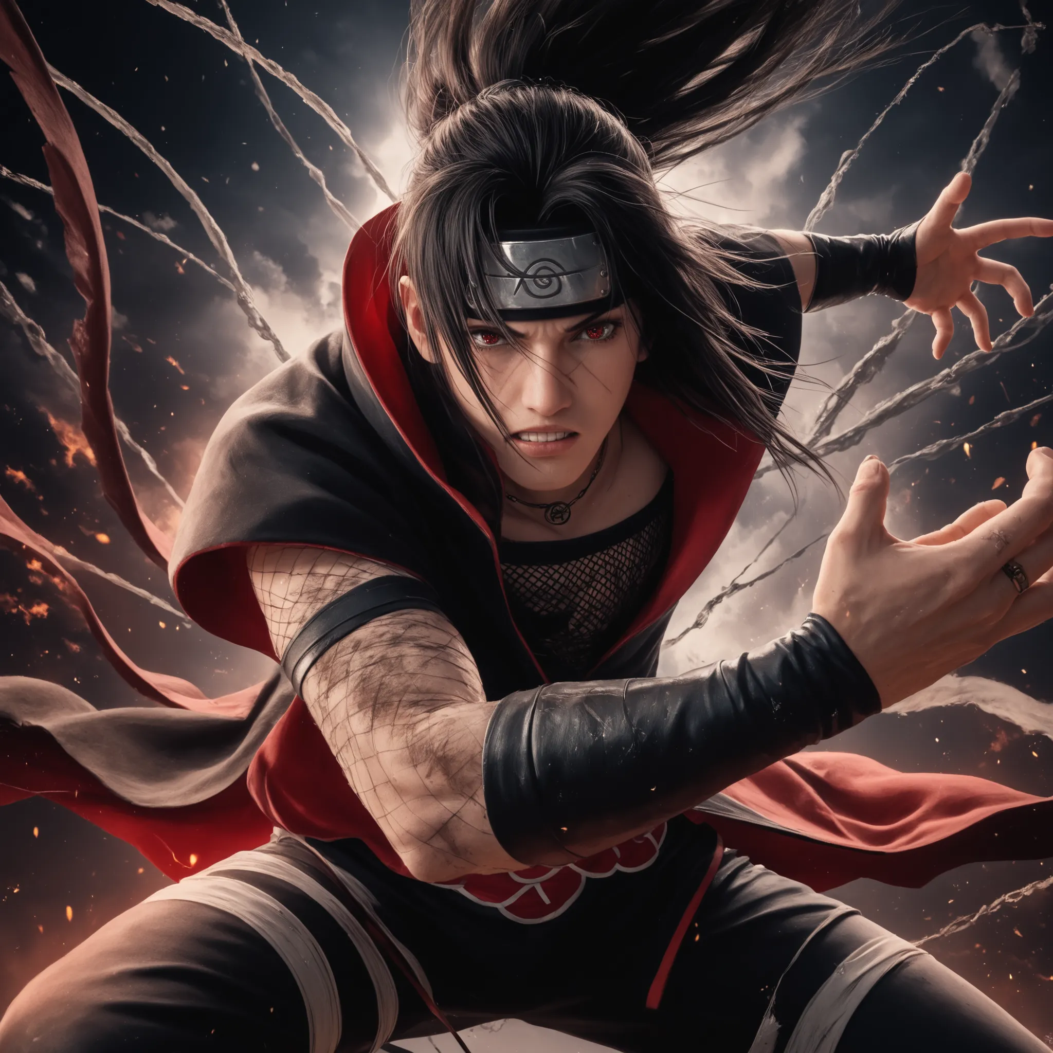 (masterpiece, perfect anatomy, maximum details of perfect quality, ultra hyperrealistic photo, best 8k quality) character: young man, itachi uchiha, from akatsuki, tall, thin and strong body, long black hair, with metallic and gold armor details, black glo...