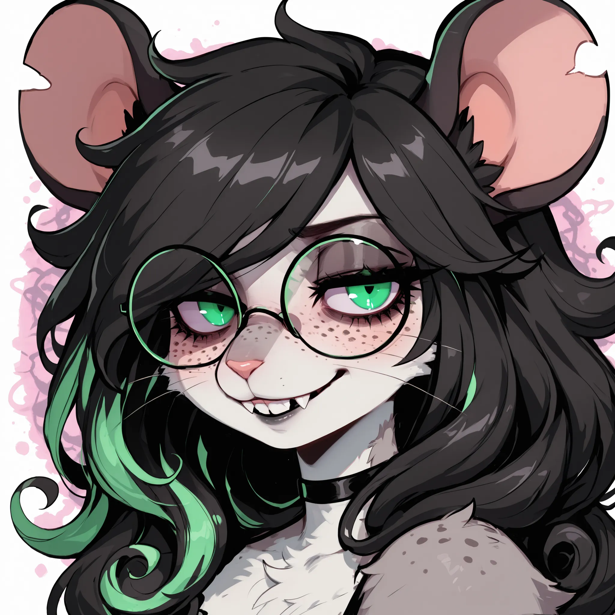 beauty mark above right eye, large eyelashes, portrait, shoulder length hair, hair over left eye, (Rat furry) (Long curly Raven black hair), (Green streaks in hair), (green eyes), (black choker)(freckles on face), (freckles on shoulder), (Dark Grey lipstic...