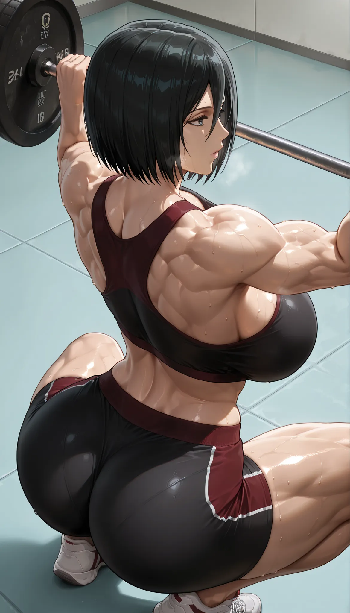 mikasa ackerman, 1girl, short hair, black hair, huge breasts, thick muscular thighs, hourglass figure, wearing sports wear, shoes, sweating, in training room, squatting , masterpiece, best quality, highres, very aesthetic, very awa, newest, amazing details...