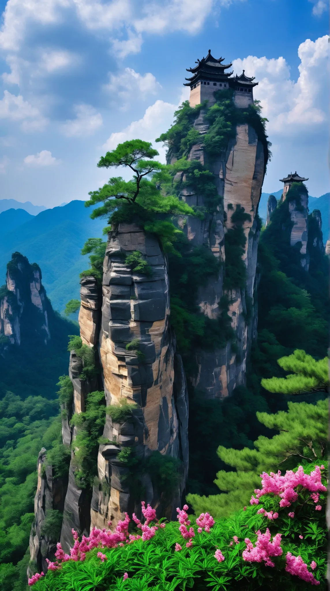 masterpiece、World Heritage Sites in China(Wulingyuan)のmasterpiece、rockと緑のアート、detailsなCG統一8K壁紙、 scenery、Outdoors、null、cloud、 Clear Skies、 scenery、rock、tree、colorful flowers、cliff、nature、details、high definition、flower、 Color Difference、photorealism、湖南省Wuling...
