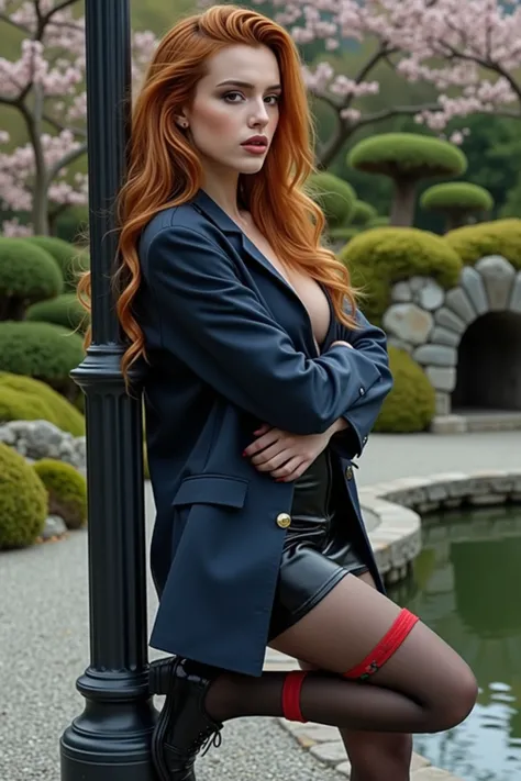 🌟: High-Fashion photography (8K Cinematic Shot)
Long side shot, Full-body shot from a moderate distance, kopf bis fuß, Fashion editorial head-to-toe shot, Full-figure photo
"Jujutsu Kaisen-Tokyo Metropolitan Cool" – Dunkelblaues, leicht oversized Sakko mit goldenen Knöpfen und schmalem schwarzem Rock. Die langen schwarzen Overknee-Strümpfe haben seitliche rote Streifen, passend zu den glänzenden Oxford-Schuhen. Stimmung: Mysteriös-lässig.
 💋"Looks like 'Bella' young, fresh, flirty – hourglass curves poured into silk, red hair, twintails, smoldering smokey eyes, wild bedroom mane cascading over bare shoulders. Lips parted, daring you to stare." 
💃 Fashion editorial head-to-toe shot, dynamische posen, 
„Verlockende Beugung“ sinnliche Pose, canvas Pose, model lehnt mit verschränkten Armen an einer Laterne, die brüste werden angehoben – der Blick geht direkt in die Kamera, während das Dekolleté betont wird. perfect brest, big , perfact ass 
☯️ "Stein & Stille"
Ein perfekt arrangierter Kare-san-sui (Zen-Garten) mit fein gerechten Linien im Kies, umgeben von moosbewachsenen Felsen – ein Ort der absoluten Harmonie.
🌿 Zen-Oase
"Ein stiller Teich, umgeben von moosbewachsenen Steinen und zart flatternden Kirschblütenzweigen."
🎥 :
    Hasselblad H6D + 50mm f/2.8
    8K motion blur at 1/250s
    Dual lighting: Cold moon fill + warm city uplight
    Color grade: Teal shadows, cyan midtones, gold highlights
