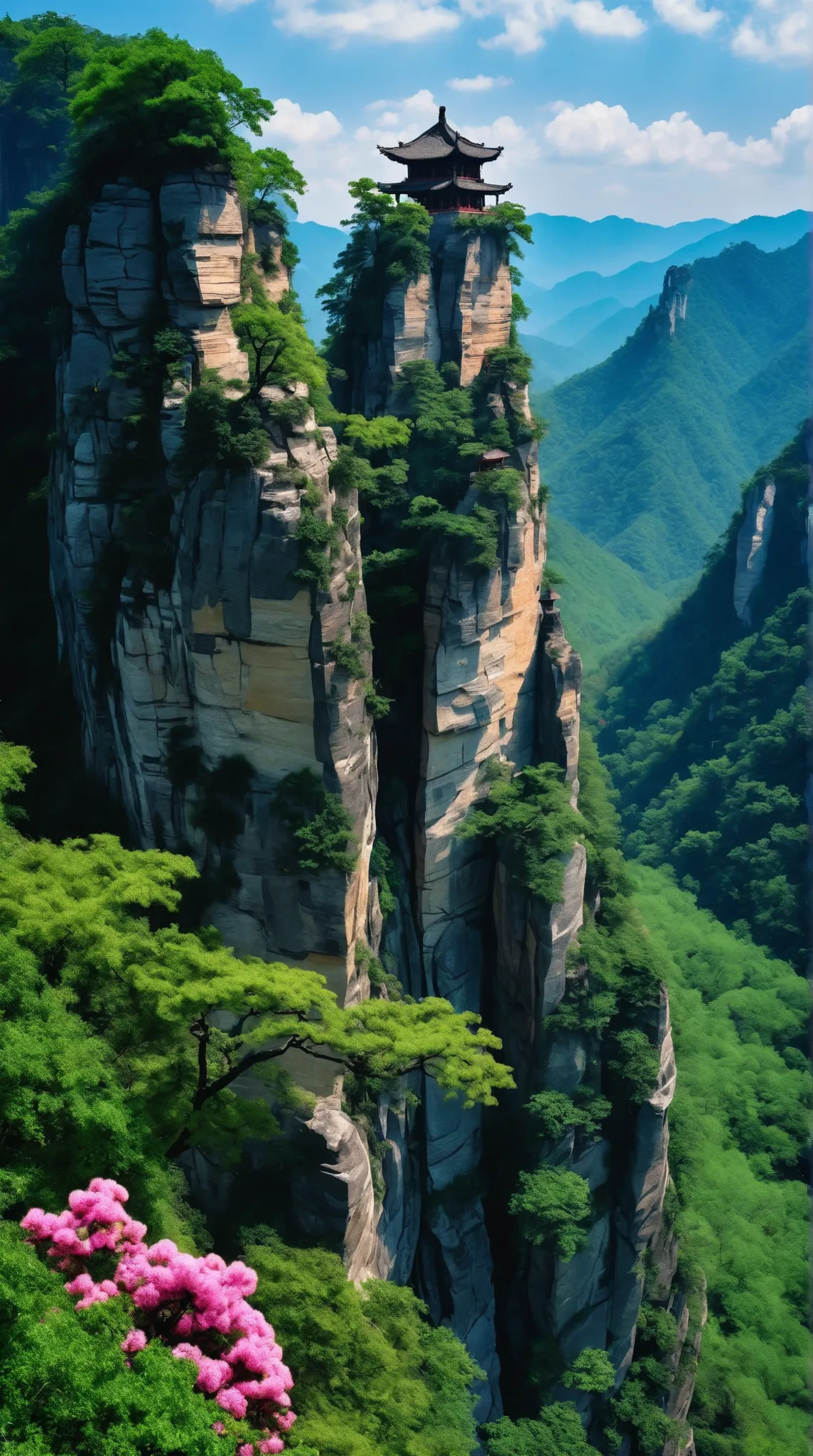 masterpiece、World Heritage Sites in China(Wulingyuan)のmasterpiece、rockと緑のアート、detailsなCG統一8K壁紙、 scenery、Outdoors、null、cloud、 Clear Skies、 scenery、rock、tree、colorful flowers、cliff、nature、details、high definition、flower、 Color Difference、photorealism、湖南省Wuling...