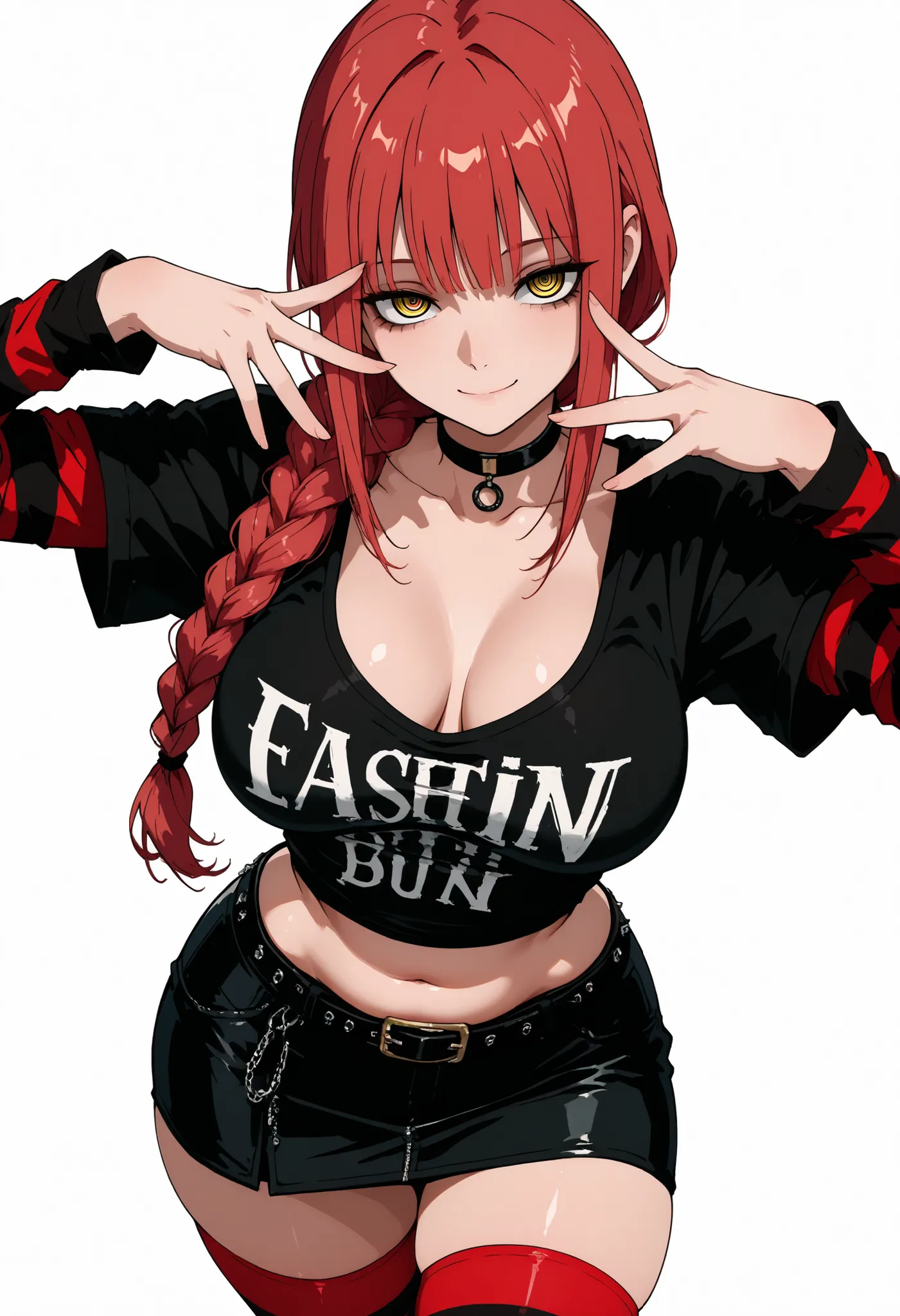 ((center)), ((masterpiece)), a chic ,  Elegant appearance,  detailed students , detailed eyes, curvy body, Medium Breasted , perspective, Smile, fashion style punk outfit, Emo fashion, dark crop t-shirt, striped red sleeves, skirt, striped red stockings,  ...