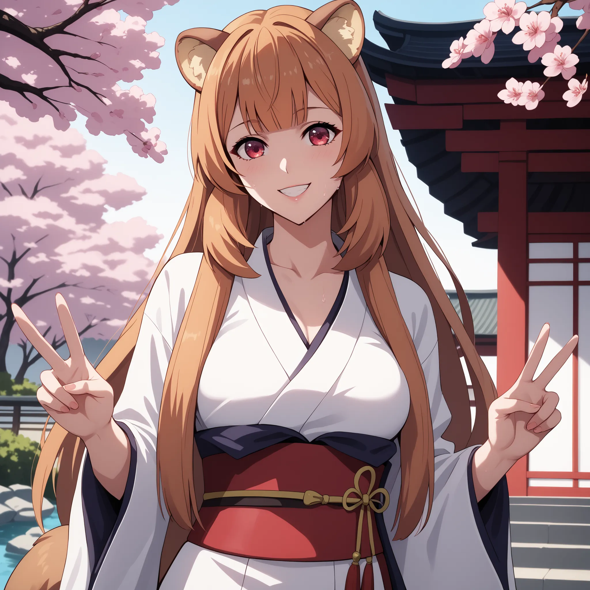 raphtalia .  25 years,  orange hair , detailed red eyes, rounded animal ears,  cheerful smile, curvaceous and slender figure , large, well-proportioned breasts, an animal's tail wiggles behind her,  She wears Japanese kimono / red and white kimono))), (((l...