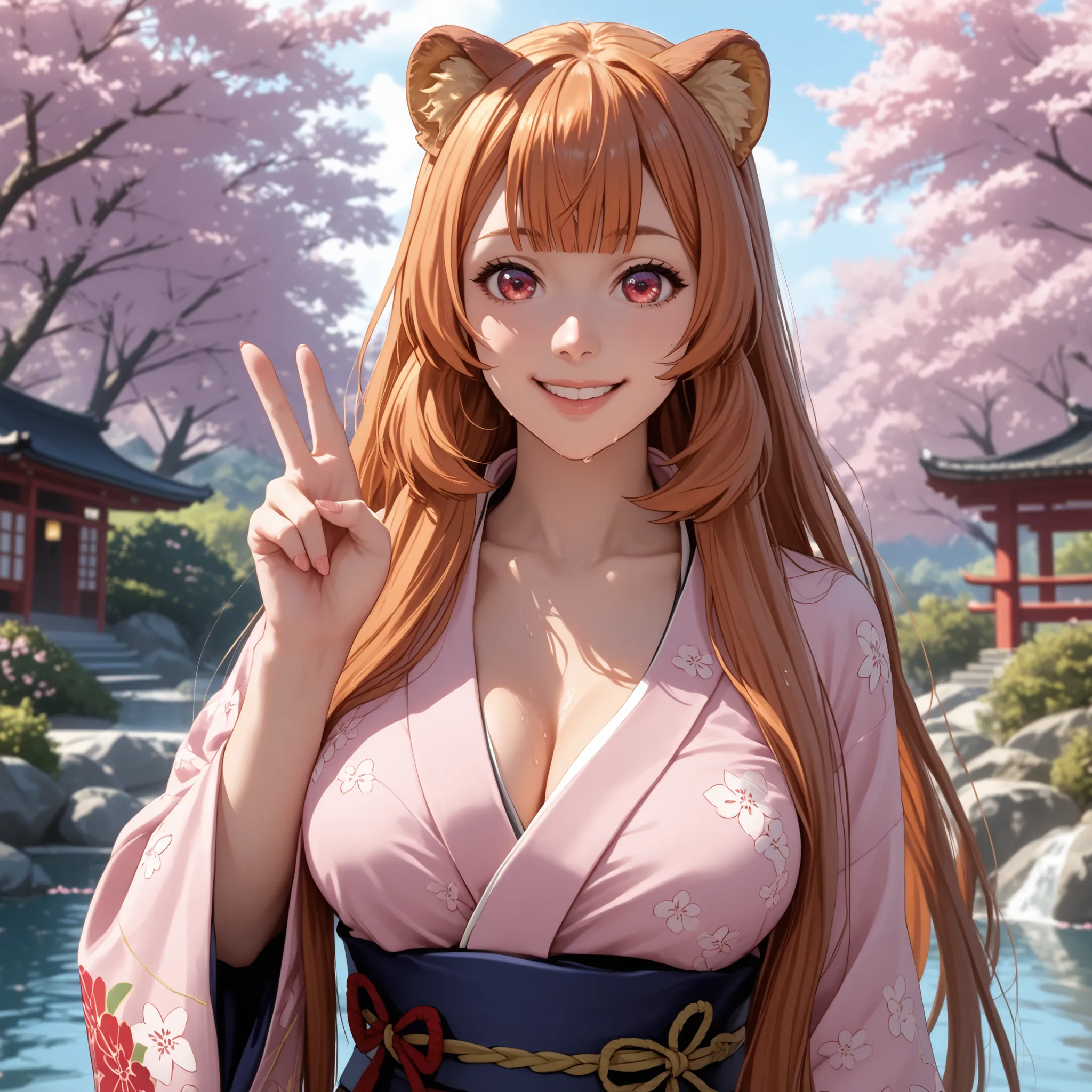 raphtalia . 25 years, orange hair , detailed red eyes, rounded animal ears, cheerful smile, curvaceous and slender figure , very large and well-proportioned breasts, an animal's tail wiggles behind her, She wears Japanese kimono / red and pink kimono))...