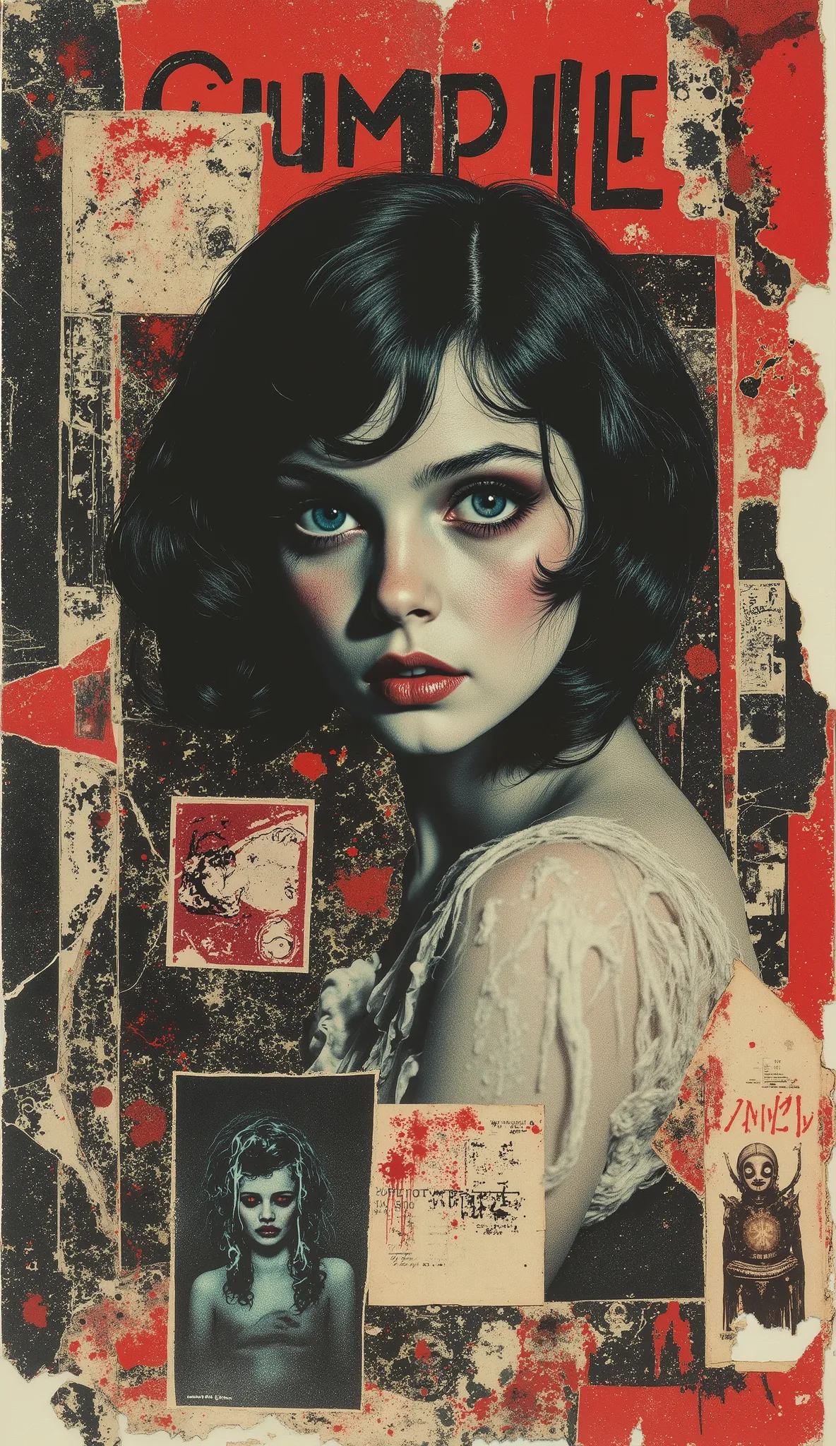film(1929), directed by Luis Buñuel, Surreal retro collage artwork composed of cutouts from vintage horror magazines, chaotic and rebellious composition, torn paper textures, bold pop colors, absurd juxtapositions, sinister nostalgic aesthetic. Hidden with...