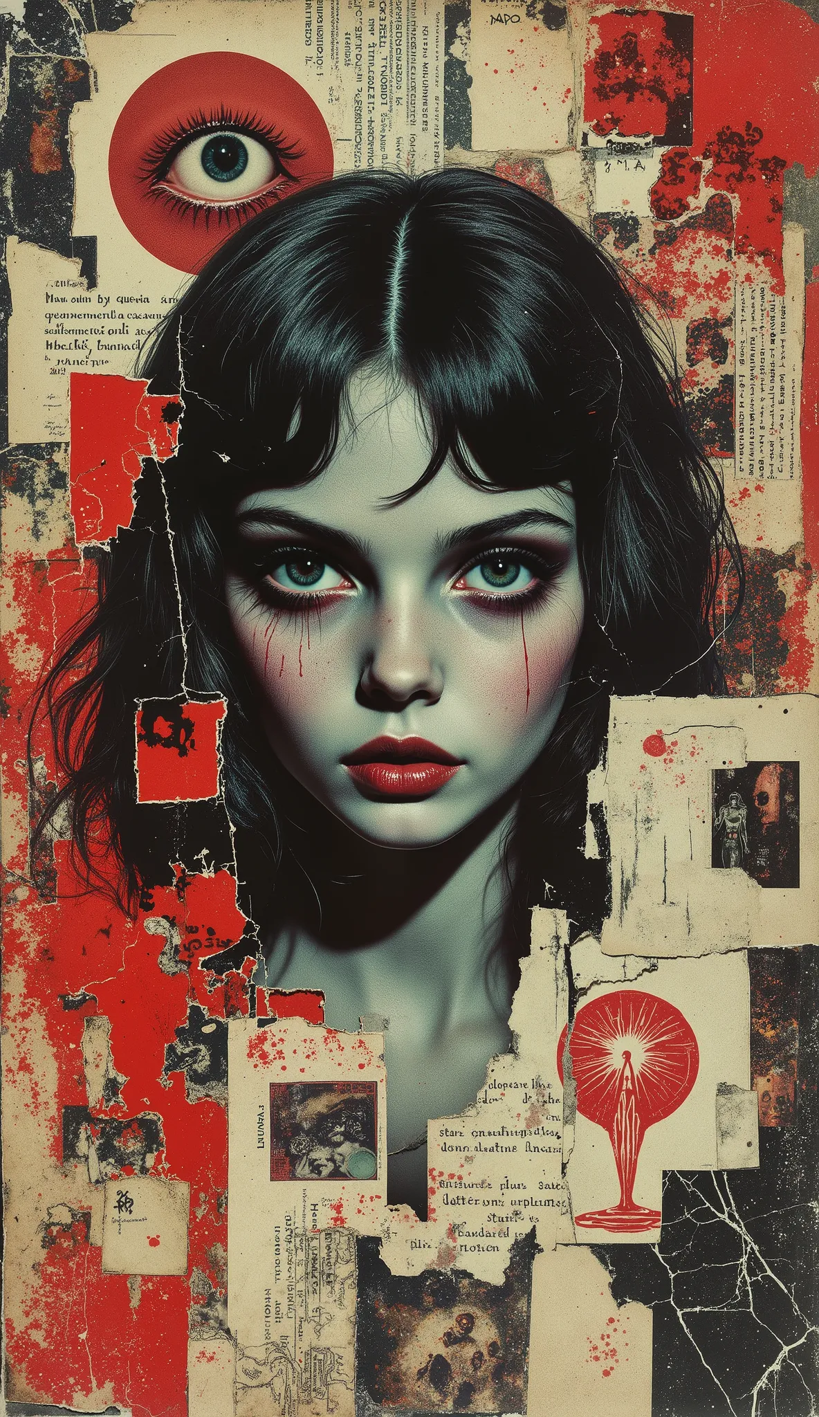 film(1929), directed by Luis Buñuel, Surreal retro collage artwork composed of cutouts from vintage horror magazines, chaotic and rebellious composition, torn paper textures, bold pop colors, absurd juxtapositions, sinister nostalgic aesthetic. Hidden with...