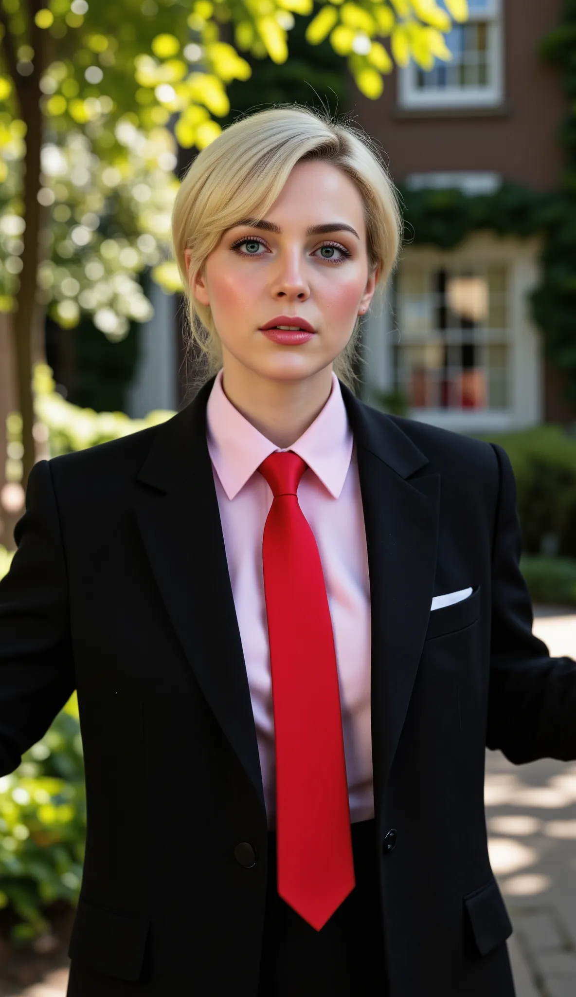 in high-definition images(photorealism:1.2)、At the London press conference。 beautiful blonde girl、pretty eyes、 I can see her plump lips、chest、pink blouse in the shade in a corner of the garden、 resolute attitude 、slender body、beauty、 facial details 、 ...