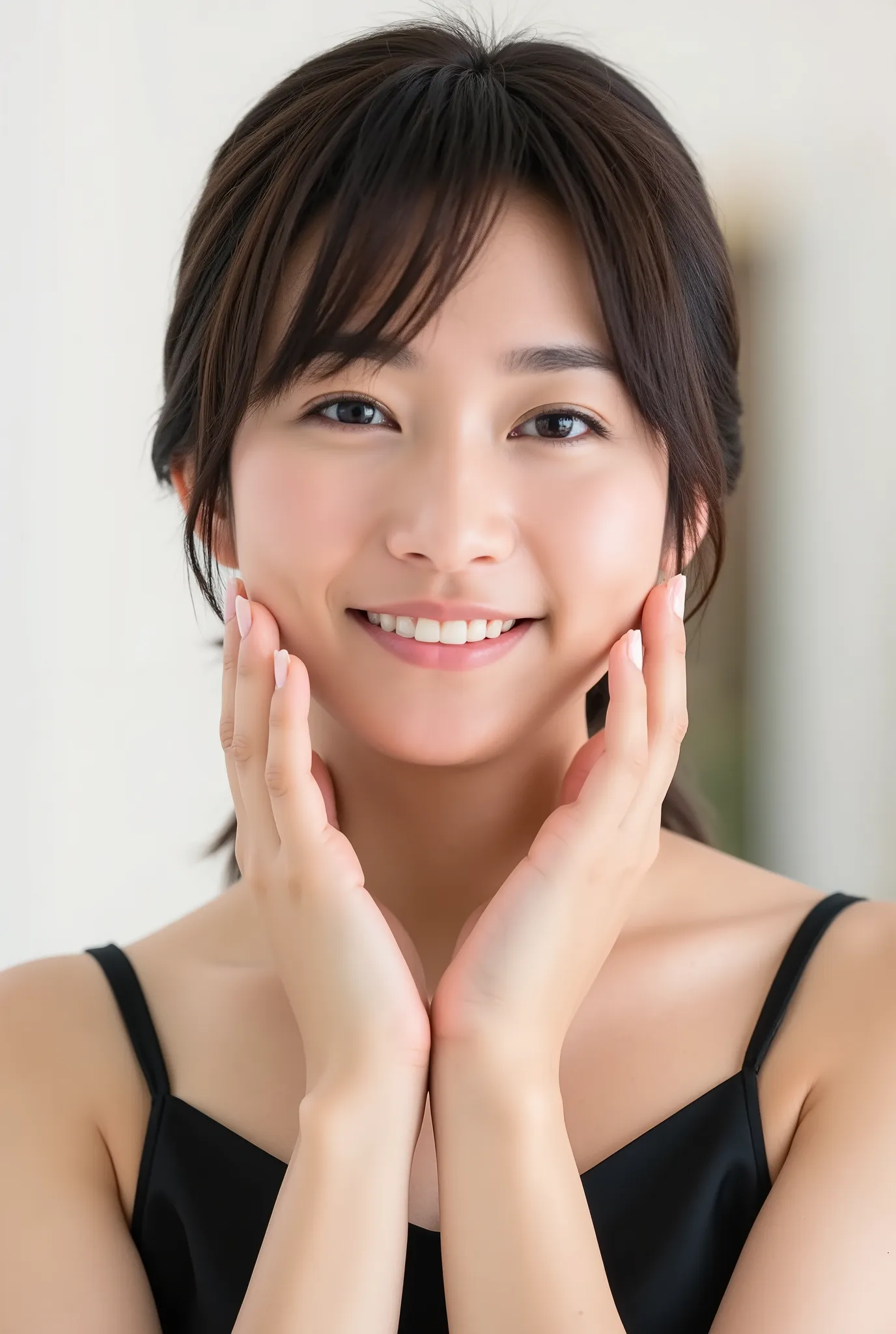 An extreme ultra close-up portrait of a stunningly beautiful young Japanese woman in her early twenties. Her face fills 95% of the frame, captured in cinematic soft lighting. She has a warm skin tone with flushed cheeks, porcelain-smooth complexion, visibl...