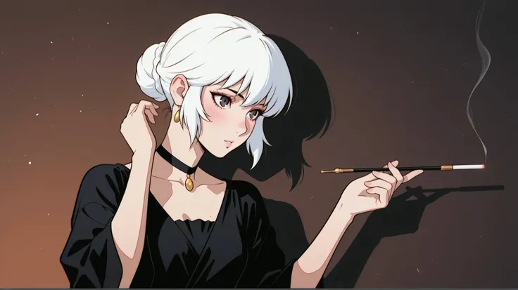 Triple tone {anime style illustration}, subject:: {elegant anime woman with white hair in a bun, black evening gown with feathered sleeves and gold jewelry, holding a long cigarette holder}, style:: {vintage noir, art deco}, environment:: {dark starry text...