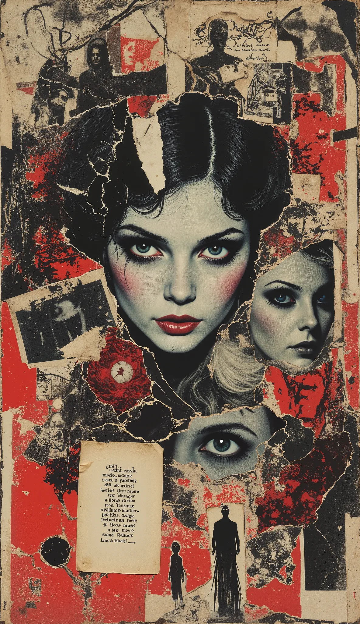 film(1929), directed by Luis Buñuel, Surreal retro collage artwork composed of cutouts from vintage horror magazines, chaotic and rebellious composition, torn paper textures, bold pop colors, absurd juxtapositions, sinister nostalgic aesthetic. Hidden with...