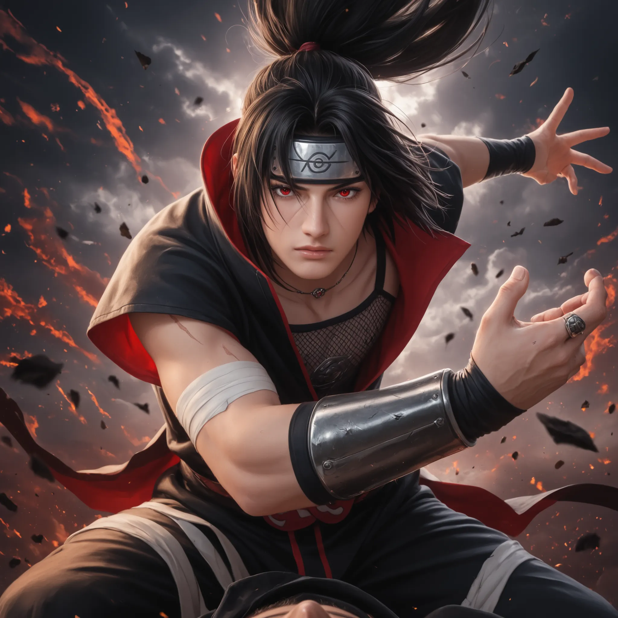 (masterpiece, perfect anatomy, maximum details of perfect quality, ultra hyperrealistic photo, best 8k quality) character: young man, itachi uchiha, from akatsuki, tall, thin and strong body, long black hair, with metallic and gold armor details, black glo...