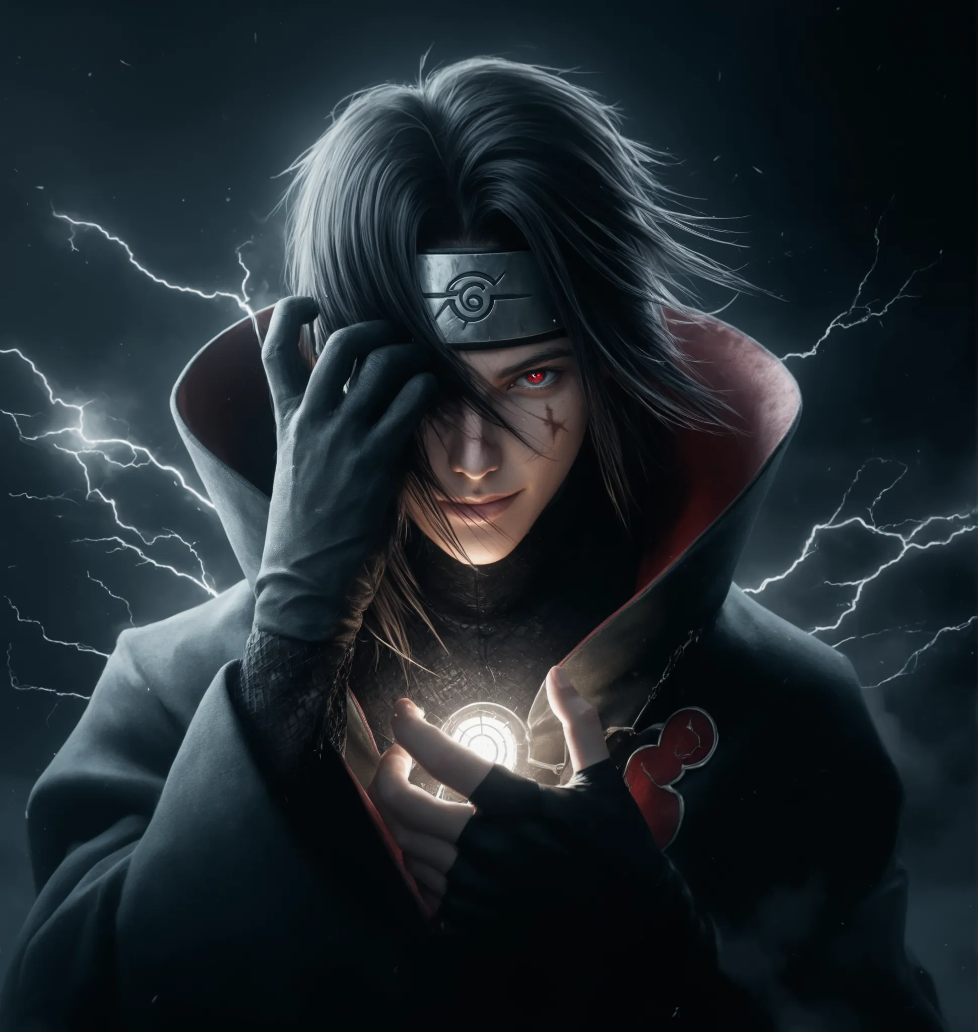 (masterpiece, perfect anatomy, maximum details of perfect quality, ultra hyperrealistic photo, best 8k quality) character: young man, itachi uchiha, from akatsuki, tall, thin and strong body, long black hair, touching his right eye while smiling sinisterly...