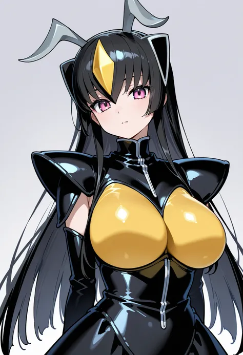 Zetton Kaiju Girl. Black hair. Long hair. Yellow crystal hair accessory. Grey antennae. Glossy. Black costume. Firm breasts. Yellow bust.