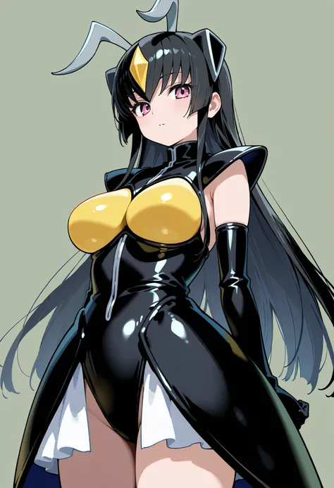 Zetton Kaiju Girl. Black hair. Long hair. Yellow crystal hair accessory. Grey antennae. Glossy. Black costume. Firm breasts. Yellow bust.